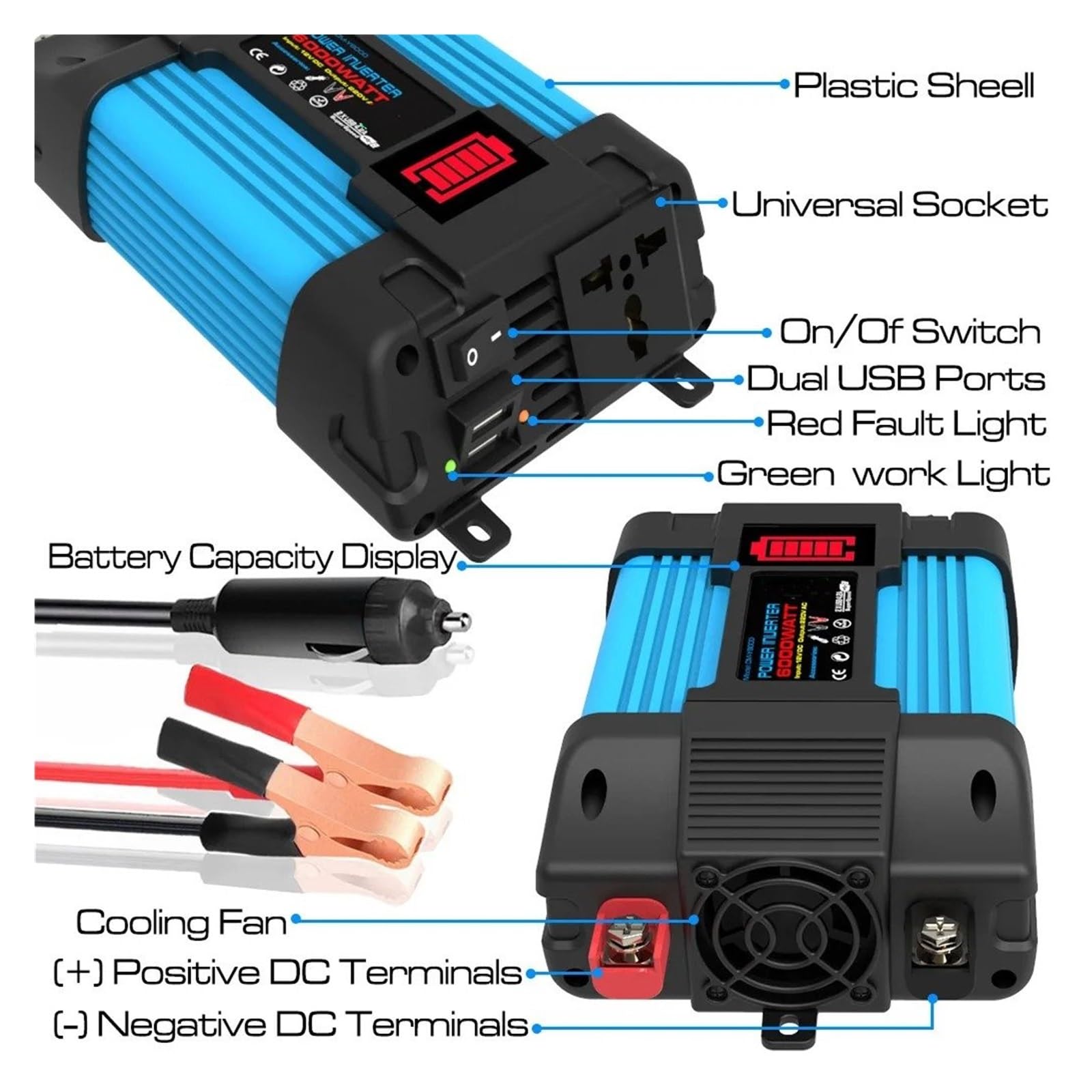 Transformateur Convertisseur Tension Voiture Peak 6000 W avec Affichage LED Transformateur Tension Capacité 12 V 220 V/110 V Double USB pour Appareils Automobiles Onduleur Convertisseur(220V,4000W)