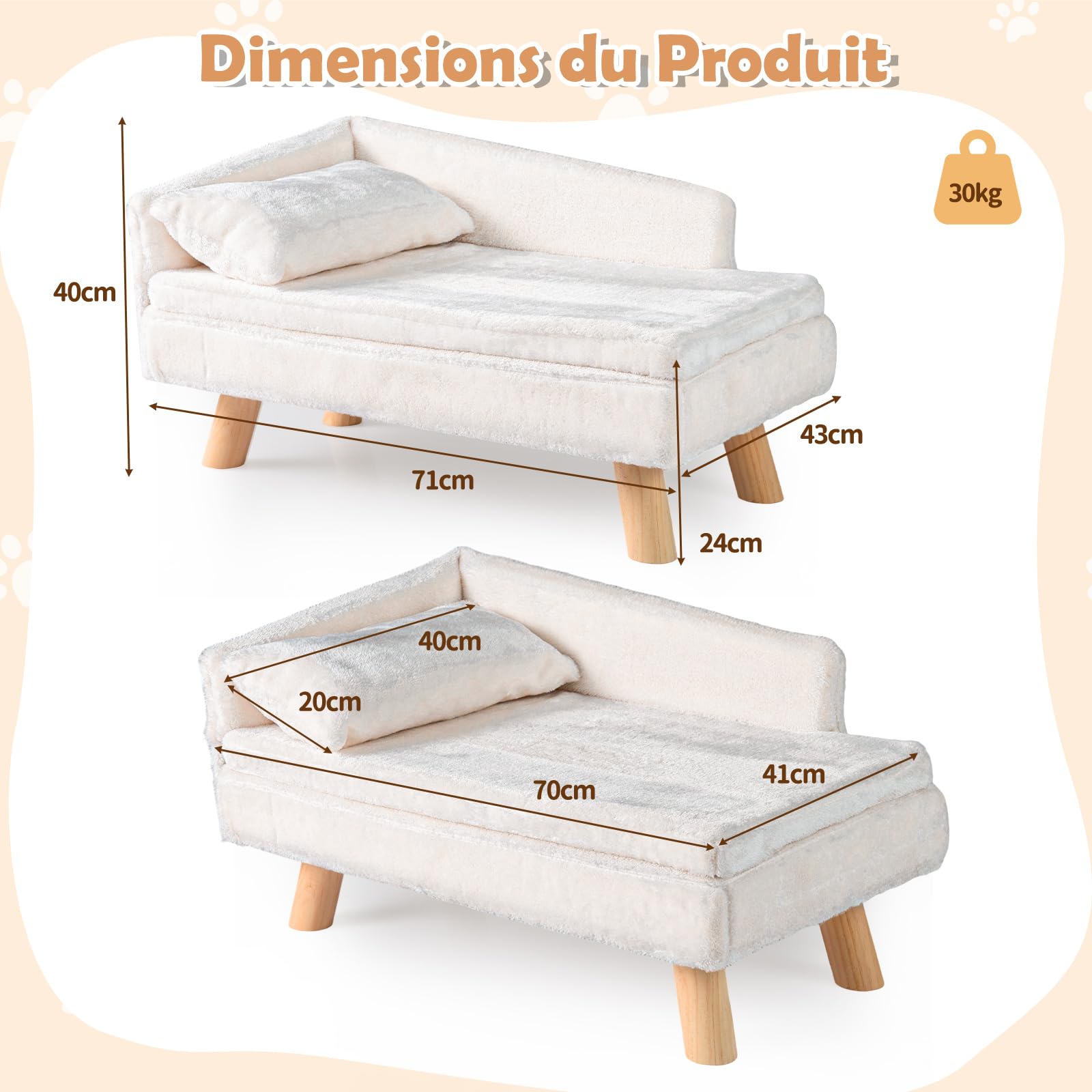 COSTWAY Canapé Lit pour Chien Chat Charge 30/50 kg, Oreiller et Coussin Amovibles, 4 Pieds en Bois, Panier pour Chien Chat Moyens & Petits, Dossier Haut (Beige,71 x 43 x 40 cm)
