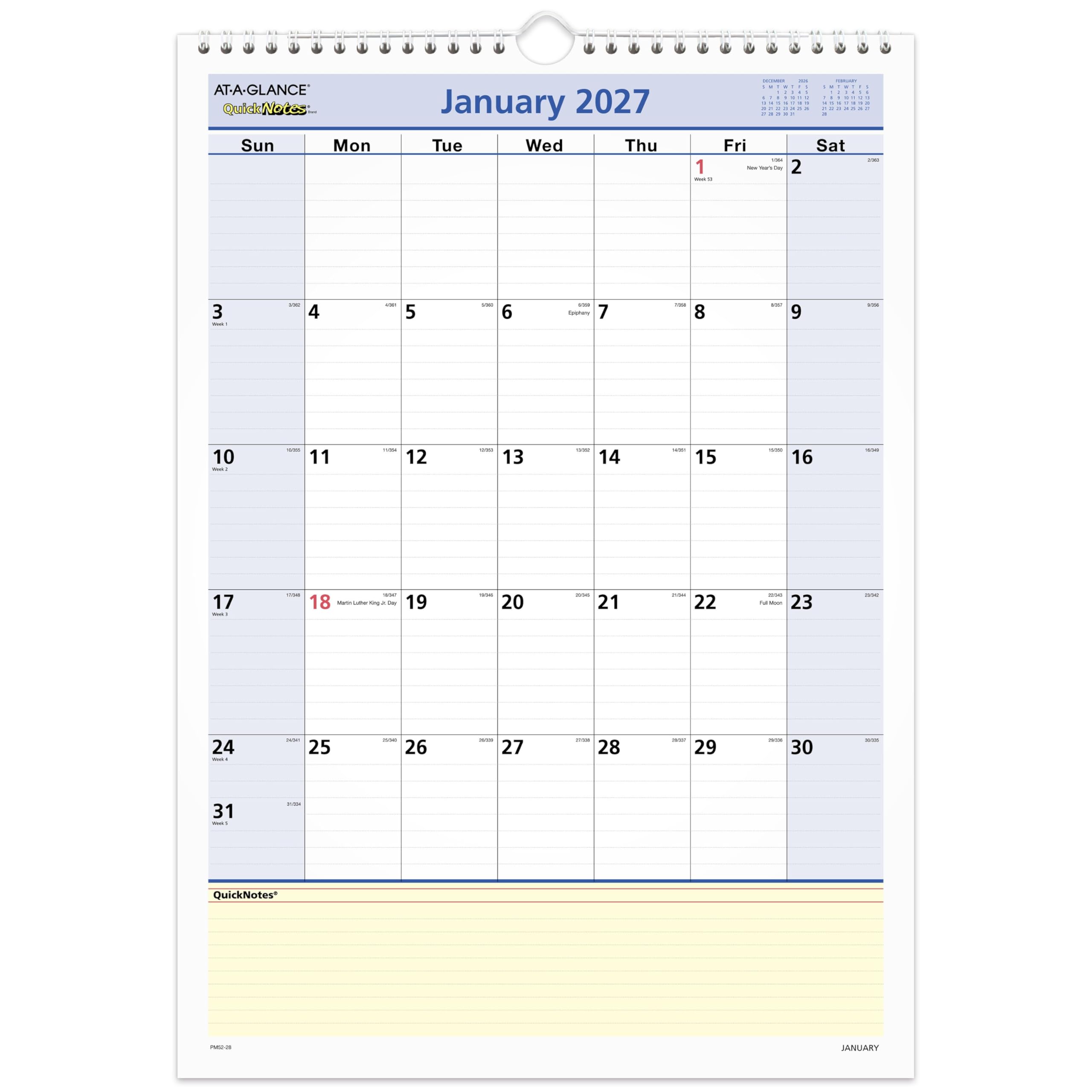 AT-A-GLANCE Products - AT-A-GLANCE - QuickNotes Monthly Wall Calendar, 12 Month January-December, 12 x 17 - Sold As 1 Each - Yellow-highlighted, ruled QuickNotes section for priority planning. -