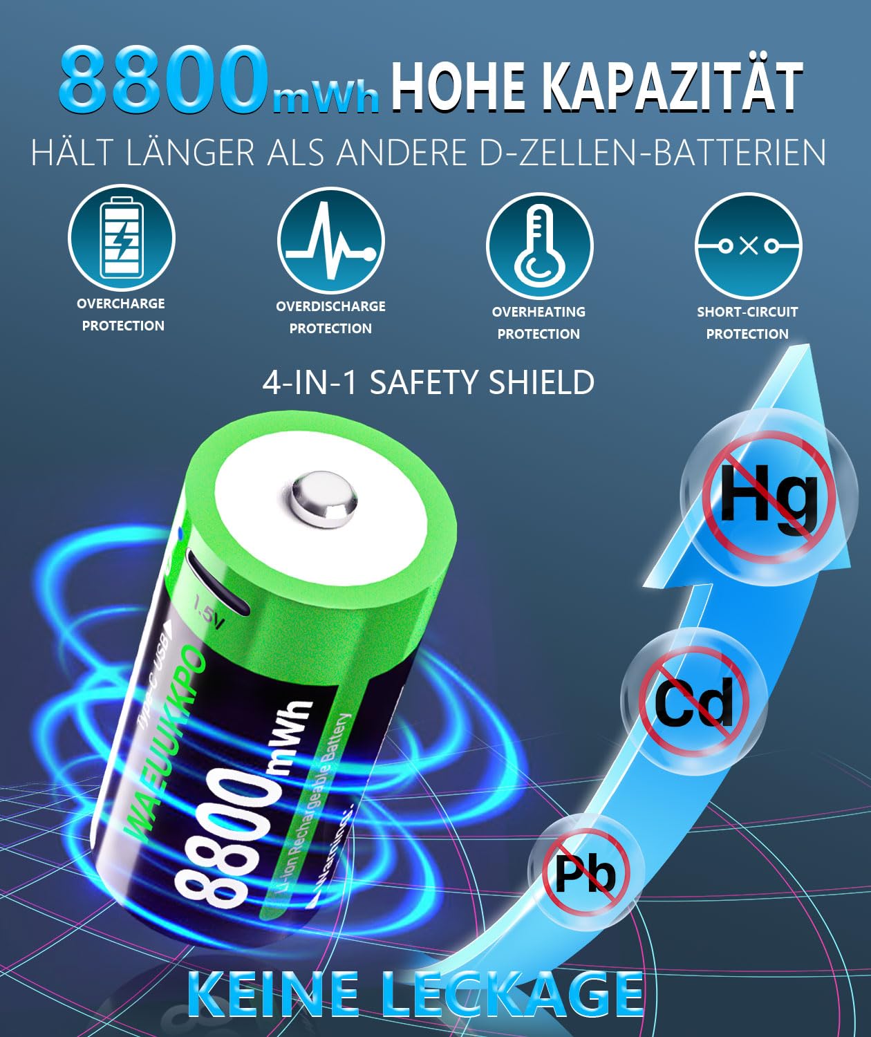Batteria ricaricabile D, 8800 mWh, batterie al litio ad alta capacità, con cavo di ricarica USB-C, 1,5 V, dimensione D, LR20, batteria di ricambio per torcia, fotocamera, proiettore giocattolo (6