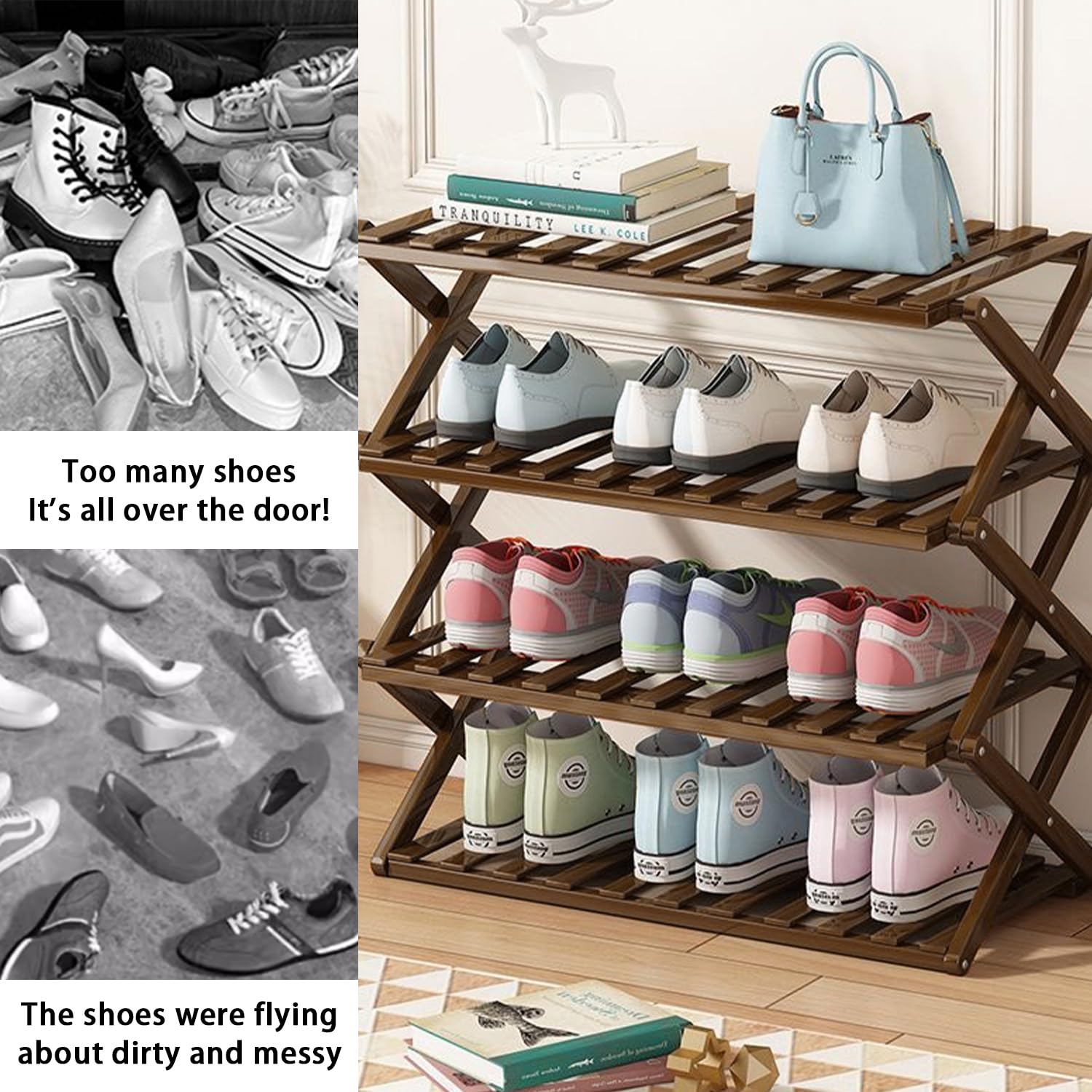 Bambus Schuhregal Organizer 4 Ebenen Faltbares Schuhregal Multifunktionale freistehende Schuhregale Perfekt für Schrank Eingang Badezimmer Wohnzimmer