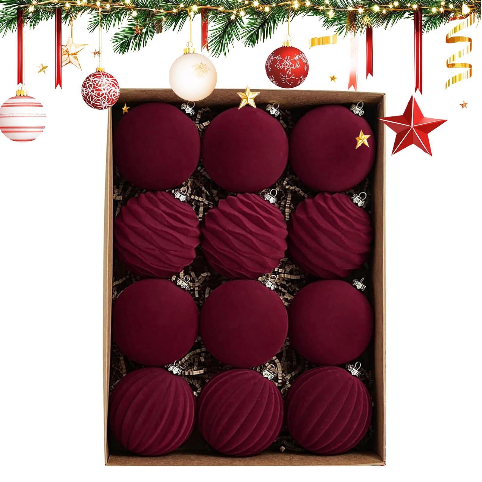 ​12 Pcs Velvet Christmas Baubles, 8cm Burgundy Flocked Tree Decorations