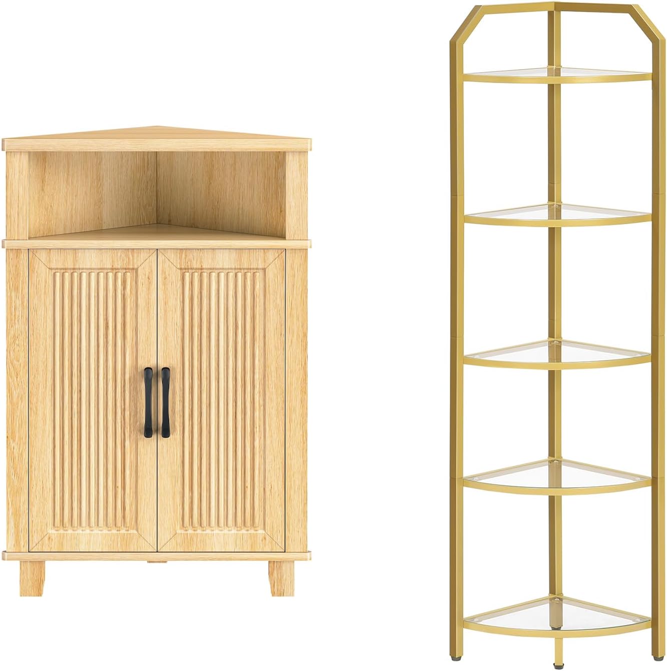 HOOBRO Corner Shelf Stand and Corner Cabinet Bundle, Corner Plant Stand, Wooden Cabinets Organizer for Kitchen, Entryway, Living Room, GD15CJ01-NL118CJ01