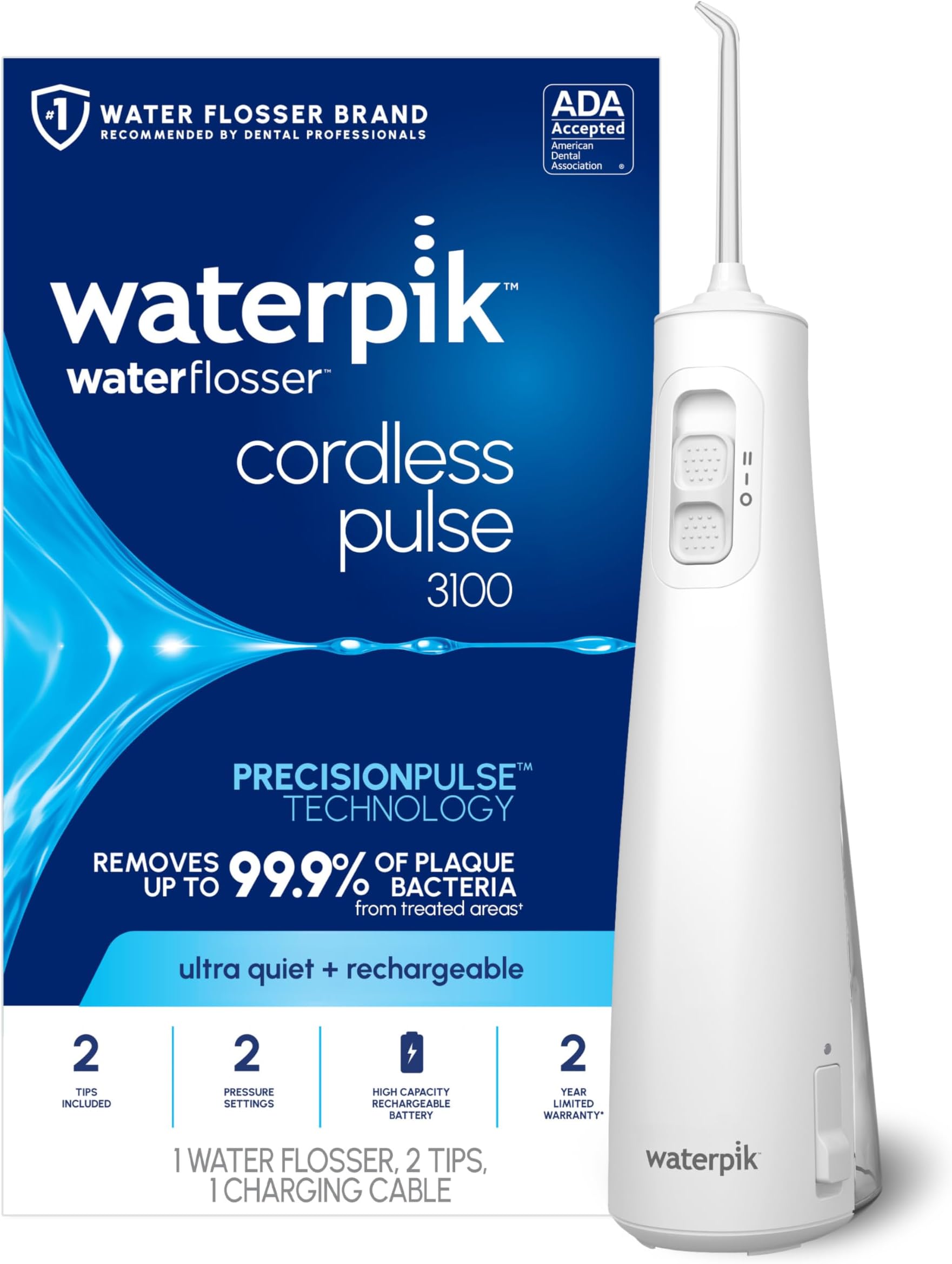 Waterpik Cordless Pulse Rechargeable Portable Water Flosser for Teeth, Gums, Braces Care and Travel with 2 Flossing Tips, Waterproof, ADA Accepted, WF-20 White