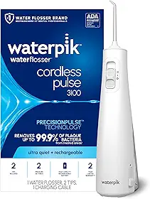 Waterpik Pulse sem fio recarregável portátil água para dentes, gengivas, aparelho e viagens com 2 pontas de fio dental, à prova d'água, aceito pela ADA, WF-20 branco