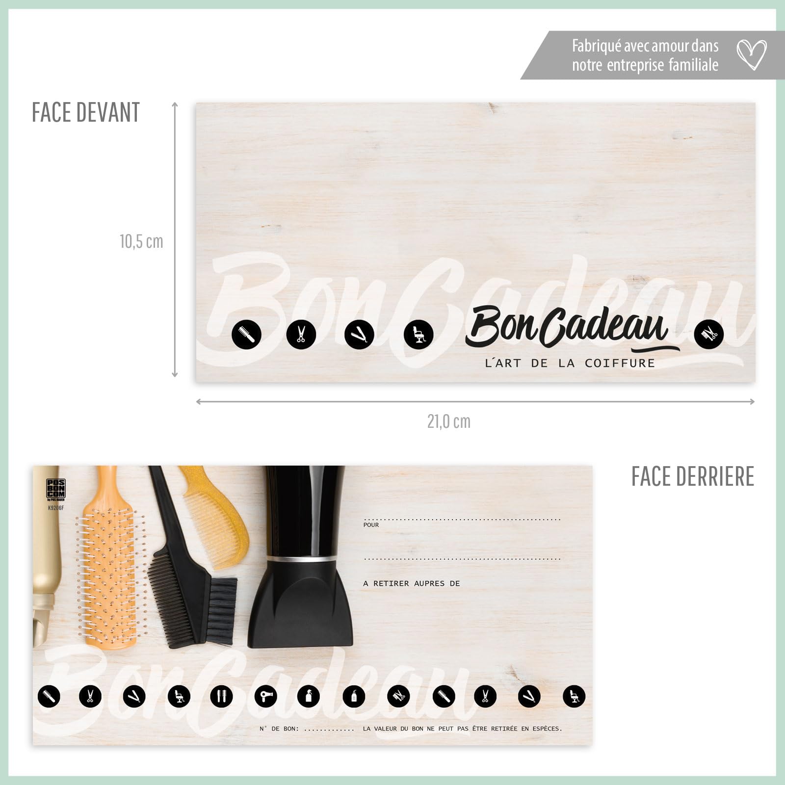 POS BON. 100 formulaires pour créer vos propres bons cadeaux + enveloppe + nœuds ruban, pour des salons de coiffure. K9206F2-100-V2