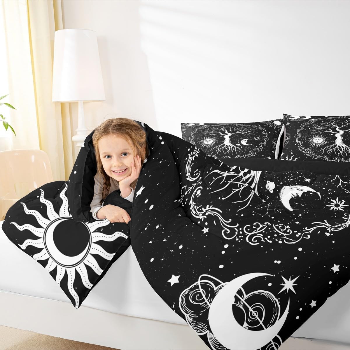 Erosebridal Tree of Life King Comforter Set Hippie, Sun and Moon Bedding Set 3Pcs Black and White Astrology Decor, Galaxy Space Stars Constellations Quilt Comforter Kids Teens Adults Bedroom Decor