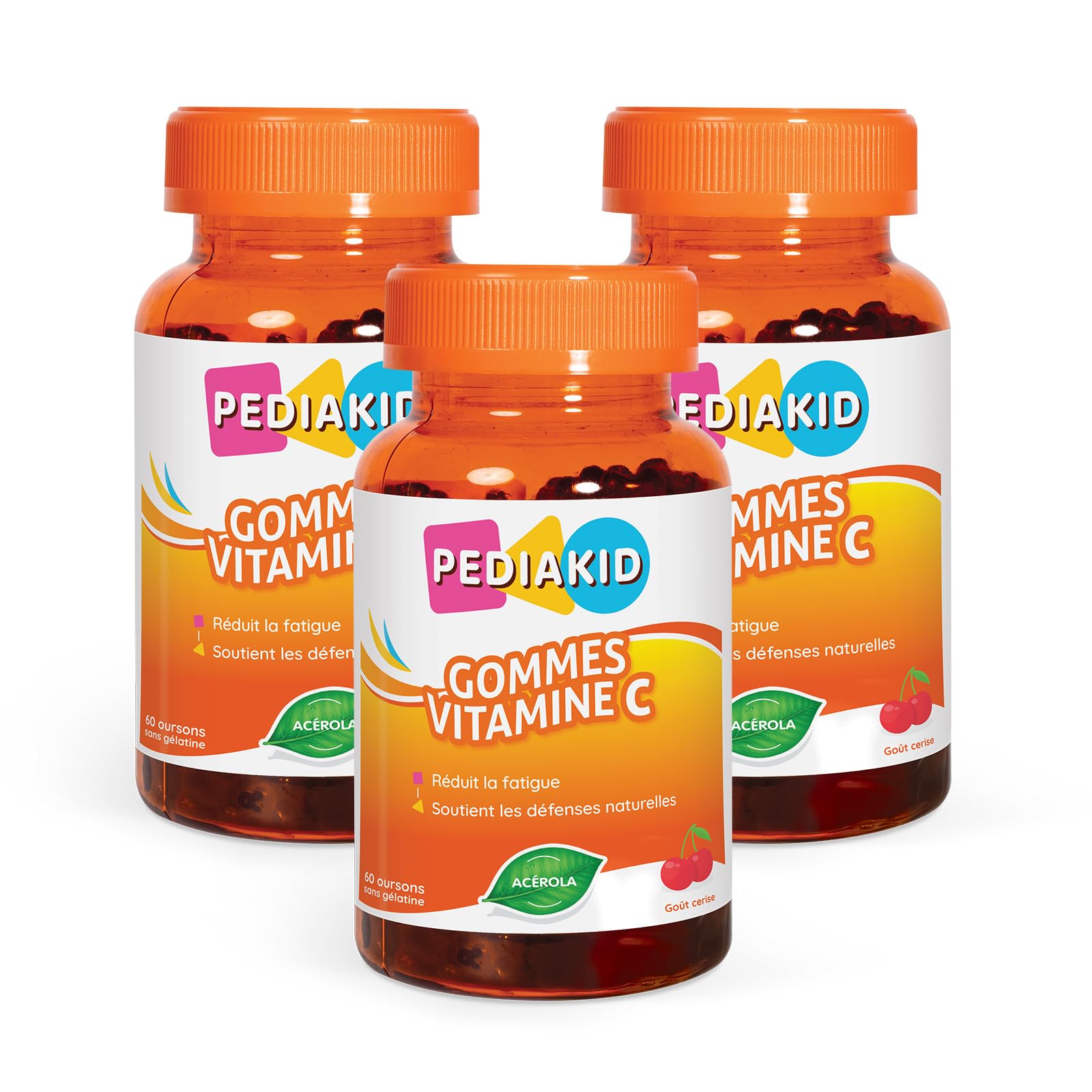 PEDIAKID - Gommes Vitamine C - Formule Naturelle au Délicieux Arôme de Cerise - Contribue à Réduire la Fatigue - Soutient le Métabolisme Énergétique et les Défenses de l'Organisme -​Lot de 3 piluliers