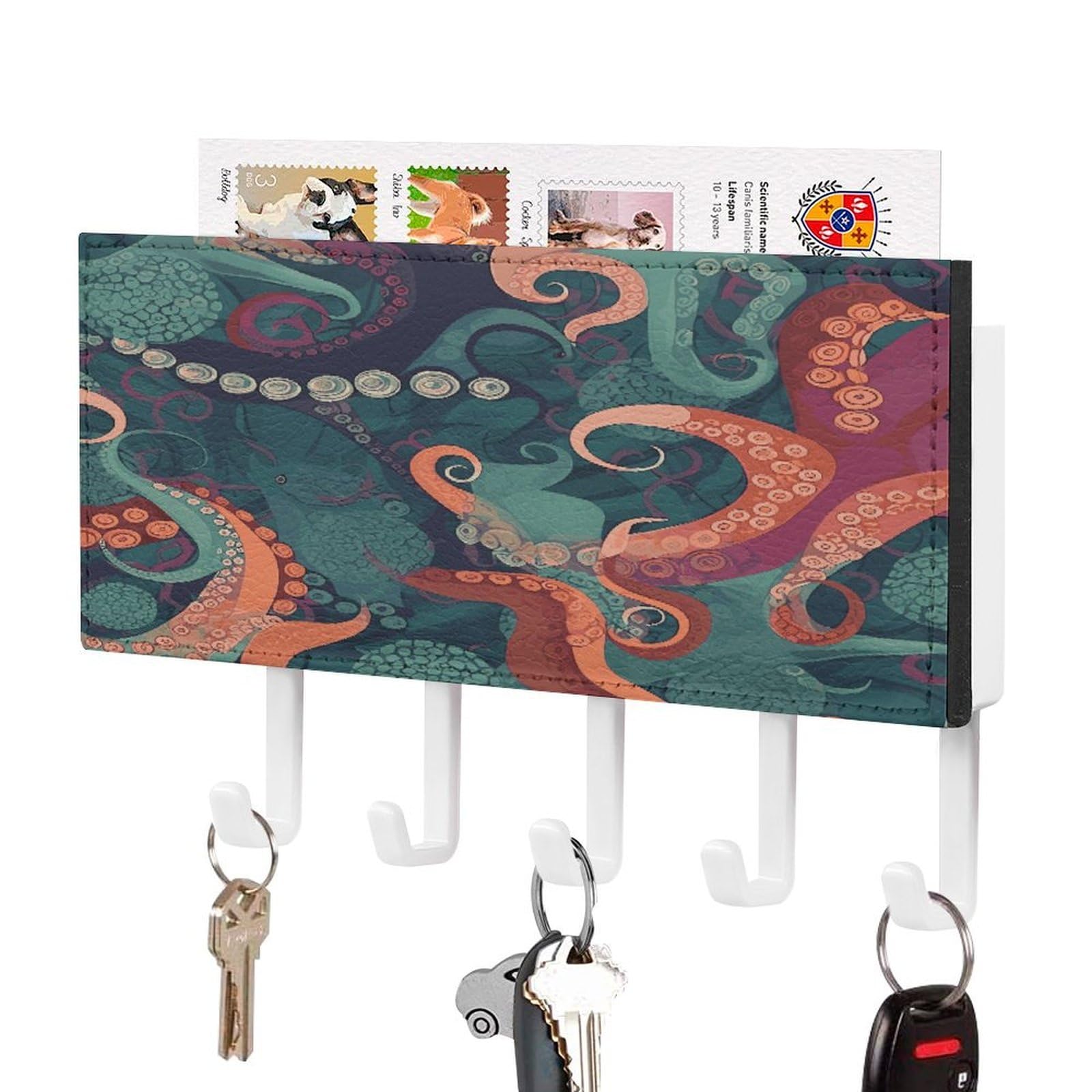 Fekiloot White-Style Abstract Octopus Key Holder Wall Mount Key And Mail Holder Key Hanger With 5 Hooks Decorative Pu Key Rack Hanging Key Hooks For Wall Living Room Kitchen Bathroom Hallway