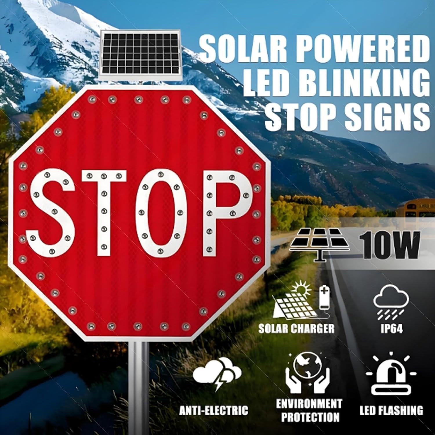 Señal de alto LED con energía solar, señal de tráfico reflectante de 61 cm con luces parpadeantes, señal de advertencia octogonal de aluminio duradero para seguridad vial