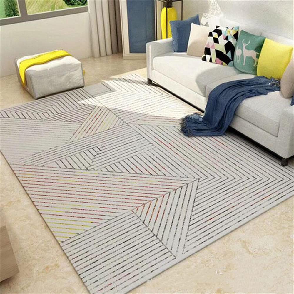 Tapis chambre enfant géométrique gris blanc rouge jaune pour déco moderne 80x160cm
