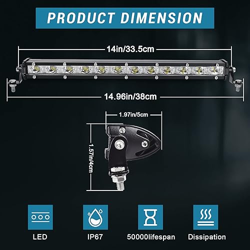 Miniatura 3 de nifeida Barra de luz LED de 14 pulgadas, 80 W, 8000 lúmenes, barra de luz LED de una sola fila, luces todoterreno impermeables, haz de inundación y