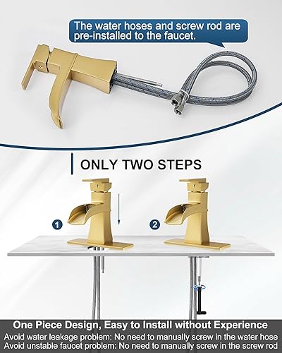 Miniatura 6 de Grifo de cascada, grifo de baño dorado cepillado de latón, grifos de baño de un solo mango de 4 pulgadas, 1 agujero o 3 agujeros, grifo de fregadero