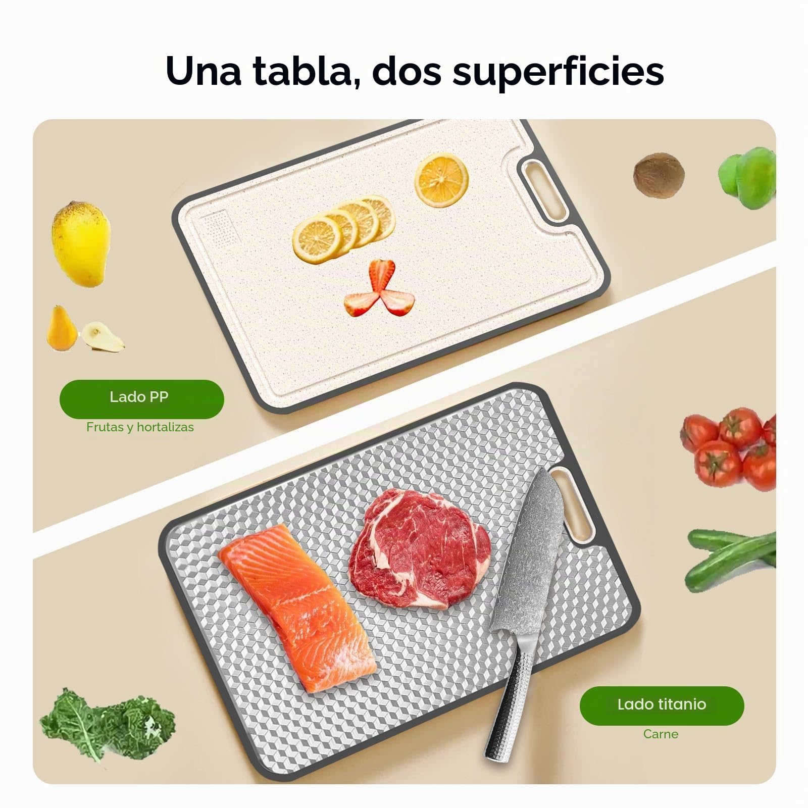 Tabla de cortar de titanio, doble cara de grado médico, GR2 de titanio/paja de trigo PP, tablas de cortar grandes para carne, verduras y frutas
