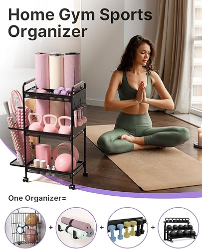 Miniatura 2 de YOTTOY Estante de almacenamiento de gimnasio de 3 niveles para gimnasio en casa, estante de pesas multifuncional, soporte para mancuernas, soporte