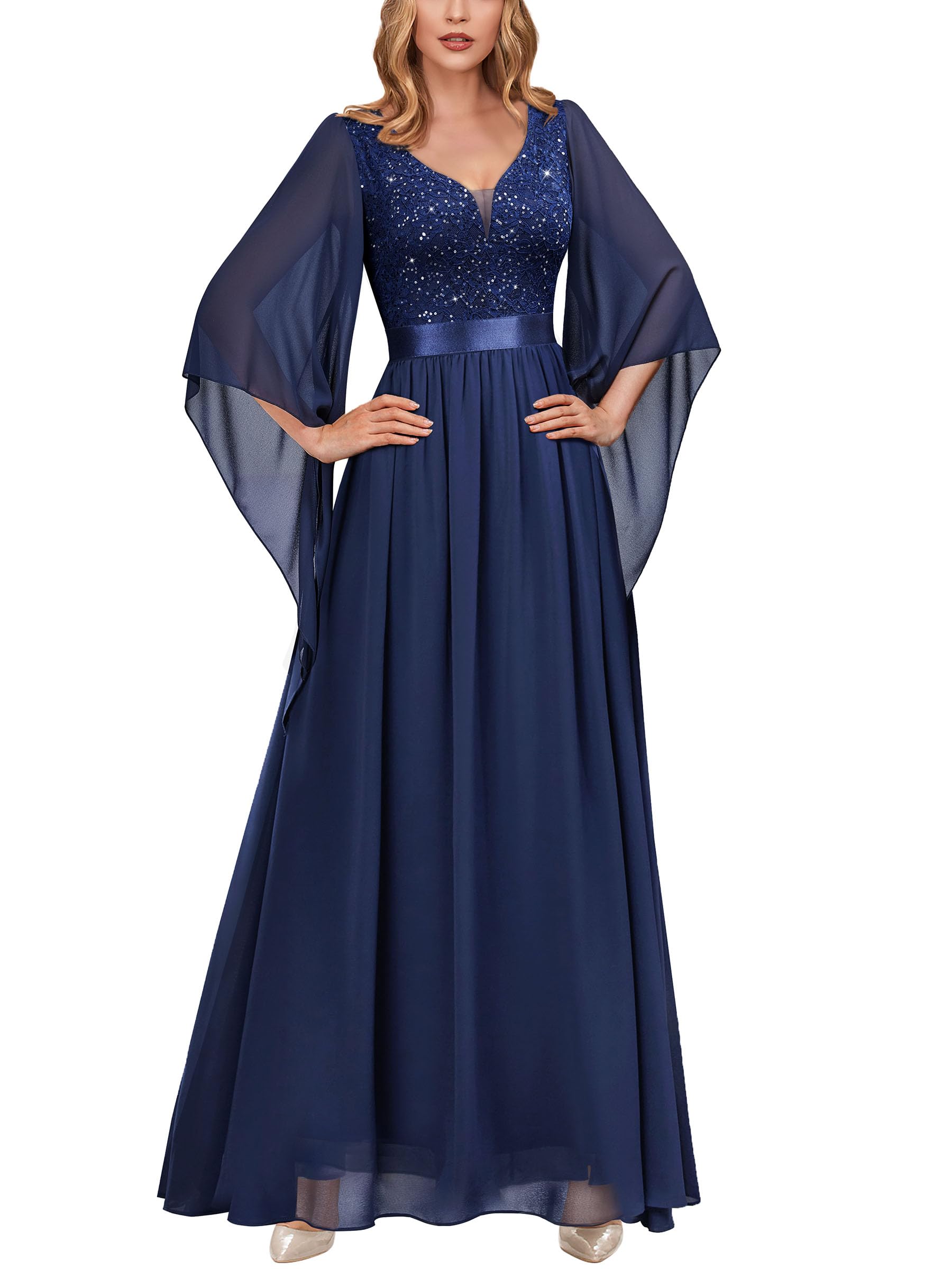 Miusol Women's Deep-V Neck Lace Contrast Sequin 3/4 Sleeve Formal Evening Maxi Dress