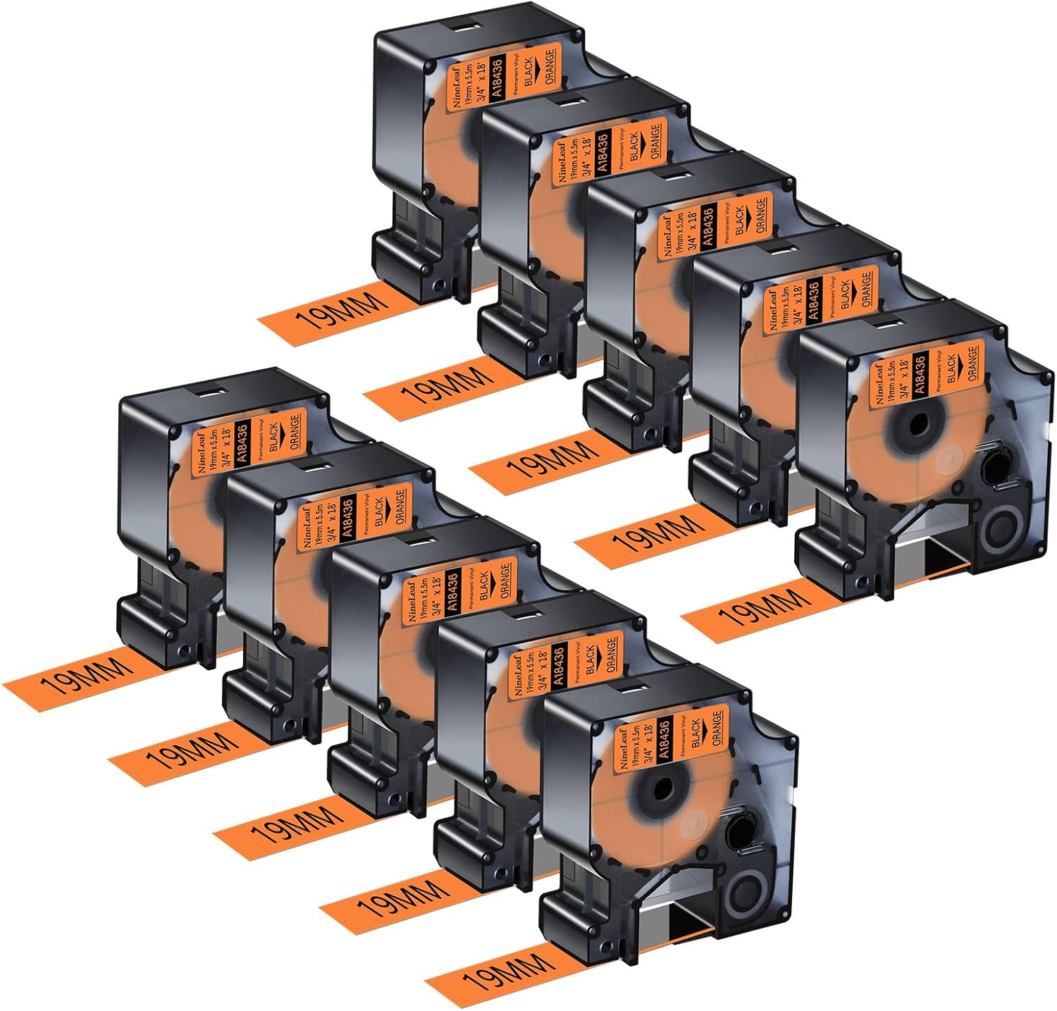 NineLeaf 10 Pack Permanent Industrial Black on Orange Vinyl Label Tape Compatible for DYMO 18436 19mm(3/4") x5.5m(18ft) use in Rhino 5200 4200 5000 6000 3M PL200 PL300 ILP 219 Label Maker
