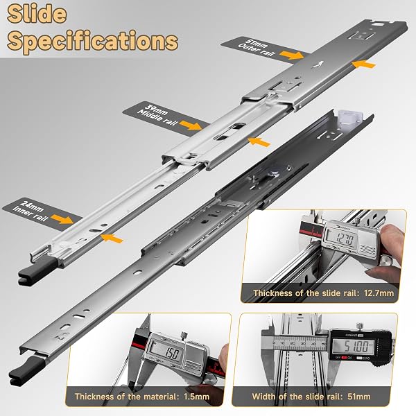 AOLISHENG Guias Correderas Para Cajones Con Freno 650mm Rieles Para Cajones Extensión Completa 50 KG Capacidad Carga Guías Laterales Para Cajones Con Rodamiento de Bolas 1 par (2 piezas) - 3