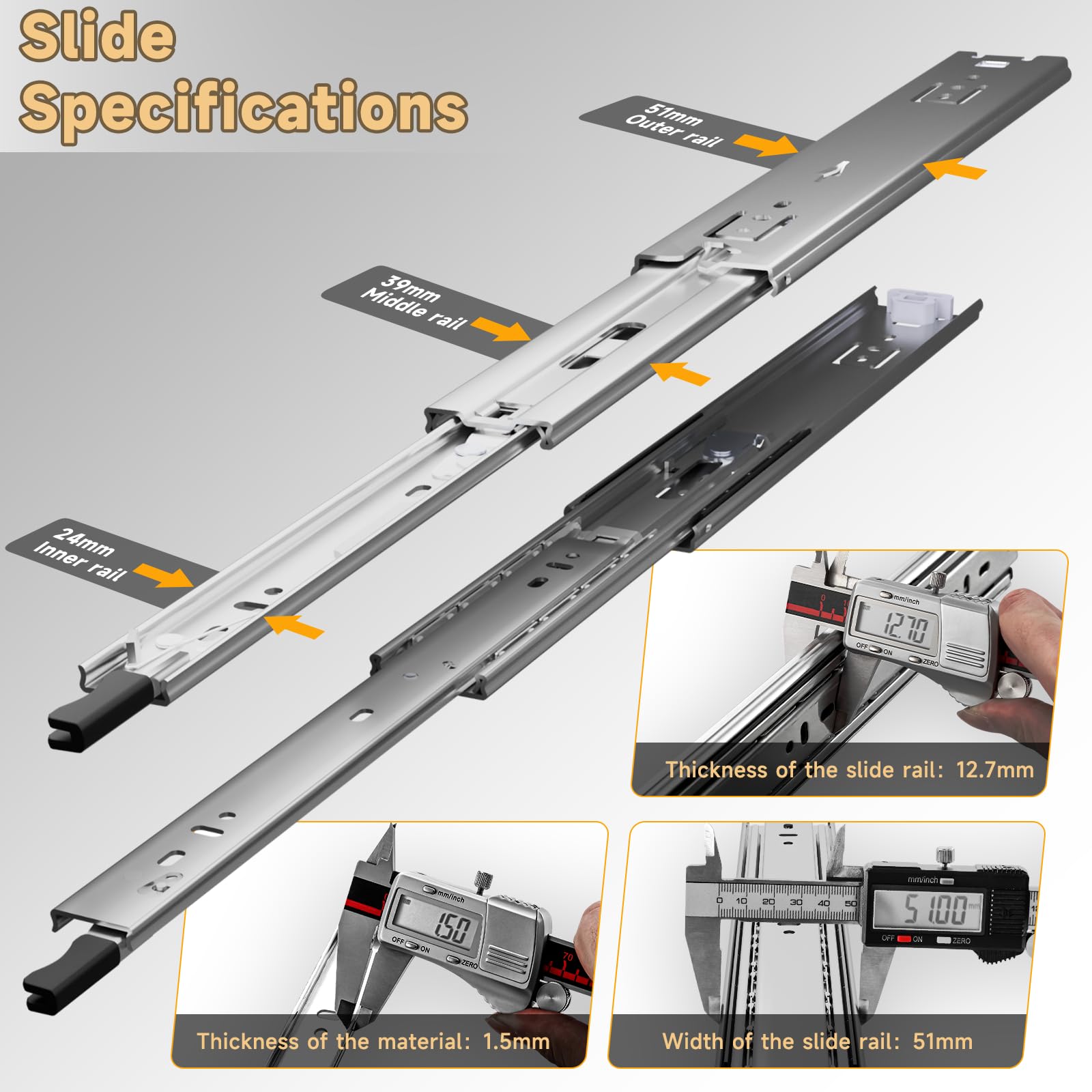 AOLISHENG Guias Correderas Para Cajones Con Freno 900mm Rieles Para Cajones Extensión Completa 50 KG Capacidad Carga Guías Laterales Para Cajones Con Rodamiento de Bolas 1 par (2 piezas) - 4