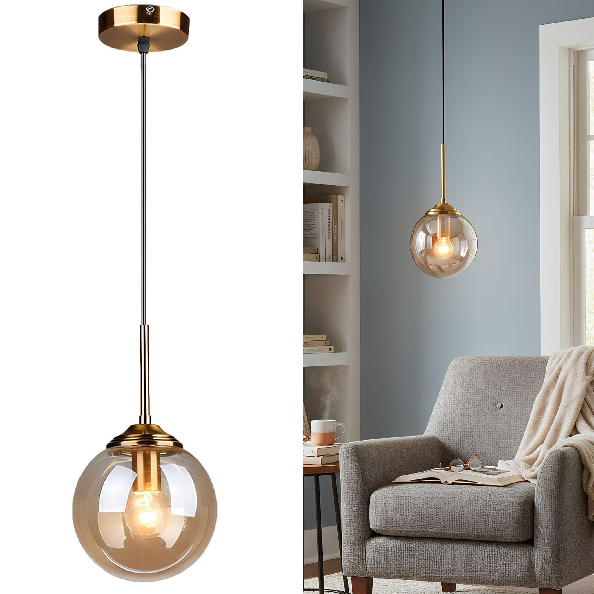 LFsem Gold Pendant Light Fixture with 15cm Glass Globe Shade, Industrial Vintage E27 Adjustable Hanging Ceiling Lamp for Dining Room Bedroom Kitchen & Cafe (Amber, 1 Pack) — image 1