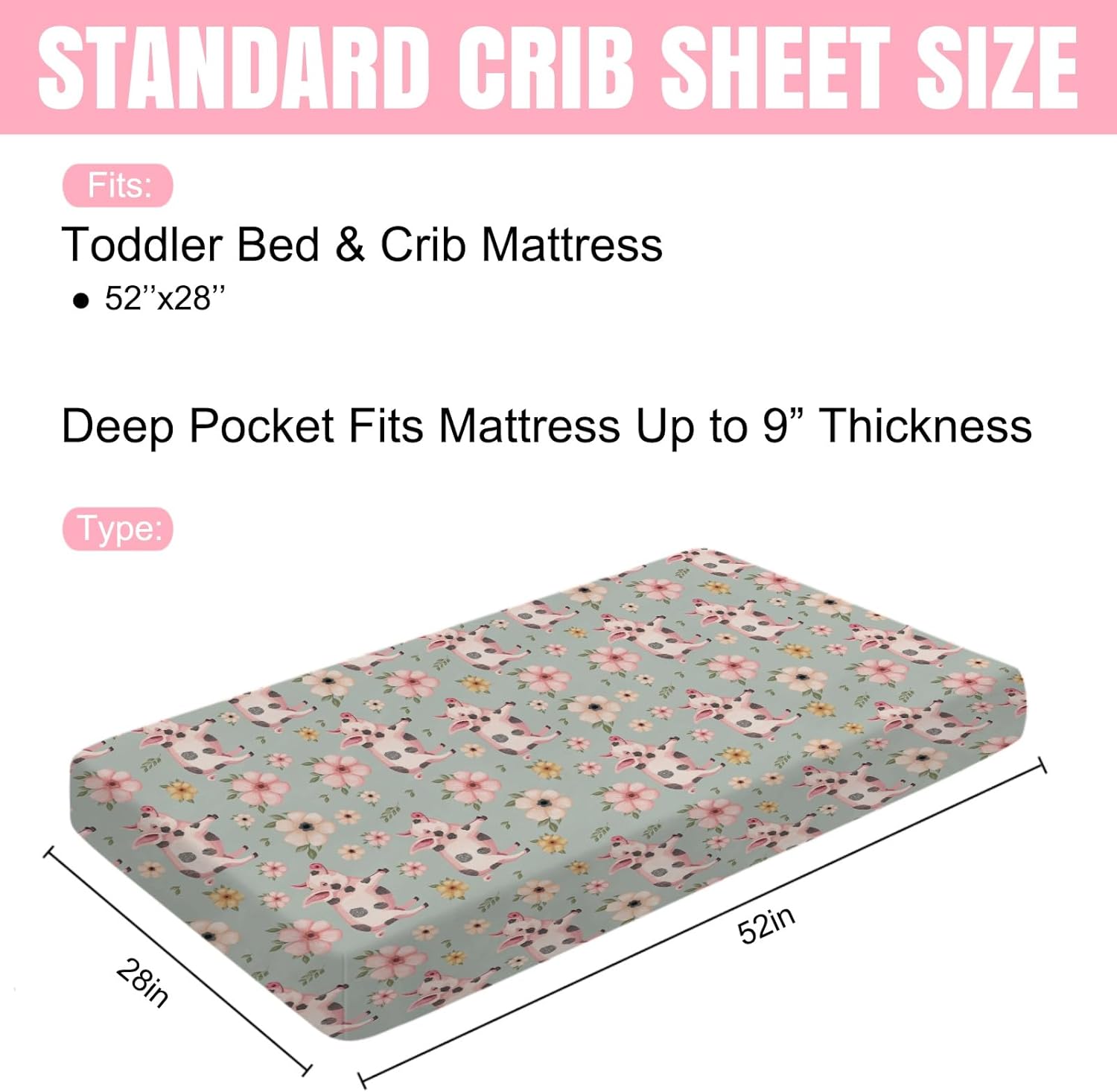 Baby Pig Boho Retro Floral Baby Crib Sheet 52''x28'' Farm Pigs Animal Flowers Stretchy Fitted Crib Mattress Sheet Covers for Boy Girl Nursery Bed Sheet for Standard Crib and Toddler Mattress