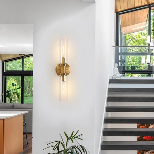 Miniatura 7 de Juego de 2 apliques de pared de latón cepillado dorado con lámpara de pared de vidrio transparente, apliques de pared modernos, apliques de