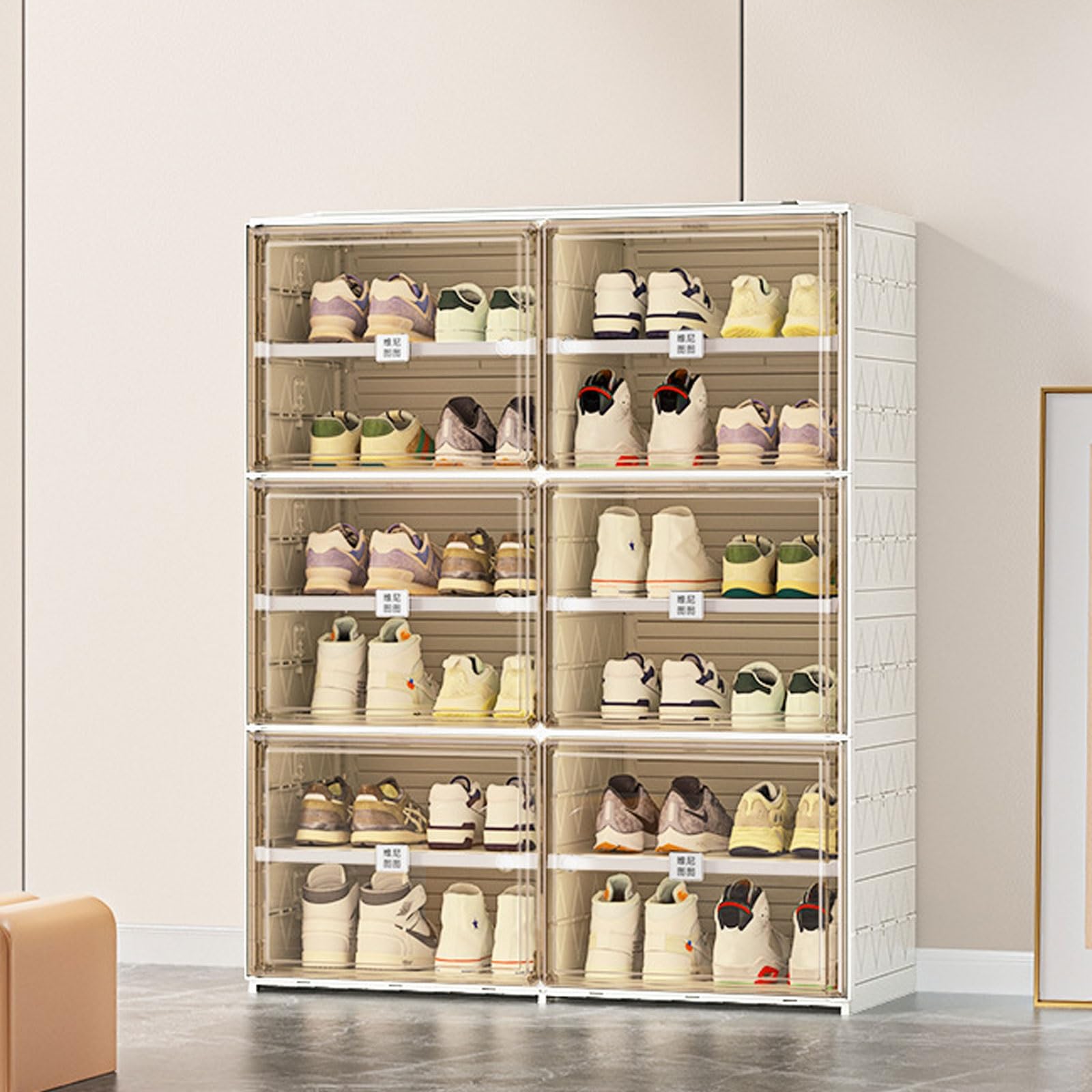 Schuhaufbewahrungsschrank, Kunststoff-Schuh-Organizer mit Tür, faltbares Schuhregal für schmale Schränke und Eingänge, transparentes Design, platzsparende Lösung, 9 Flip-Top-Packs