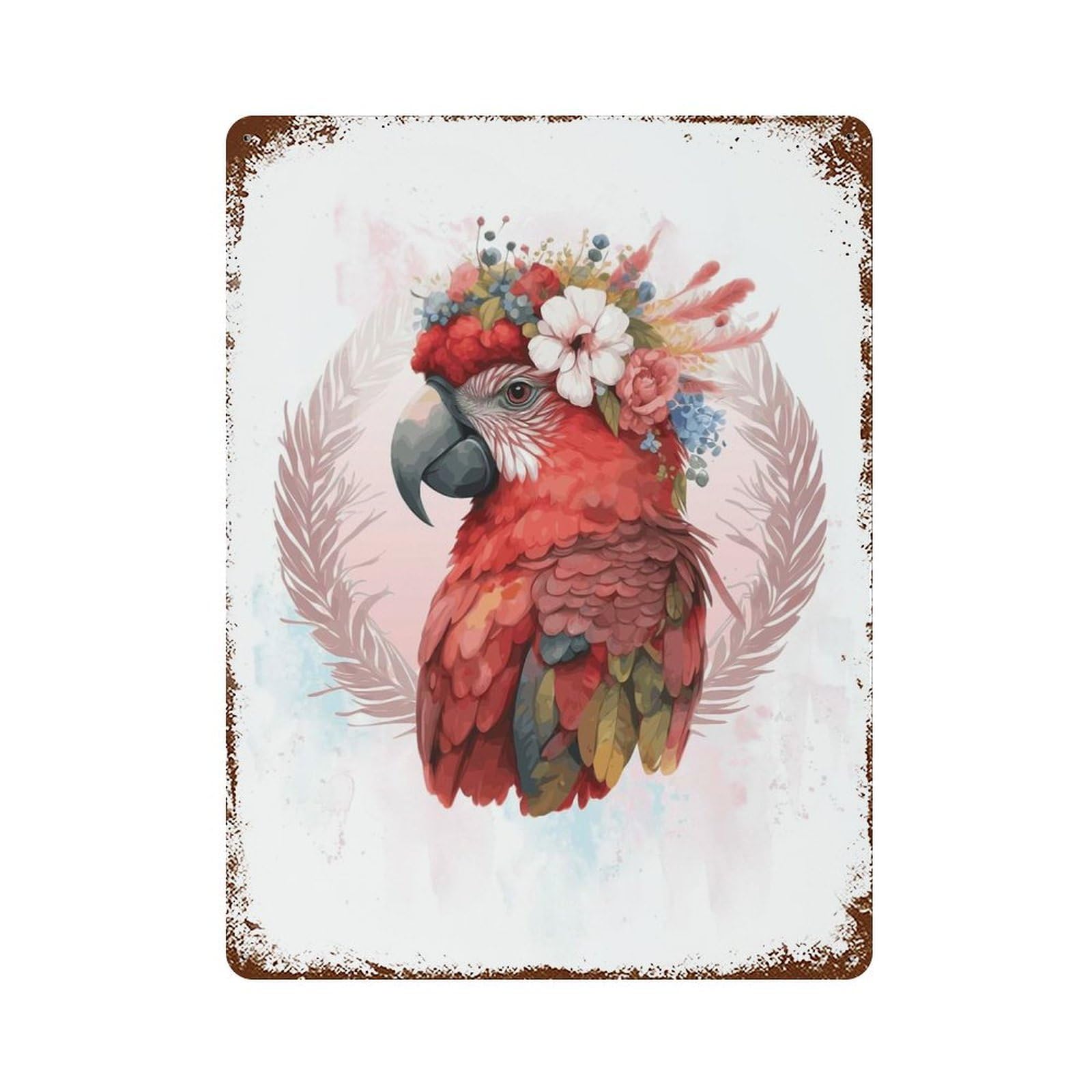Floral Red Macaw Painting 15.7"x11.8" Weathered Tin Sign, Shabby Chic Decor for Farmhouse, Kitchen And Entryway Decor