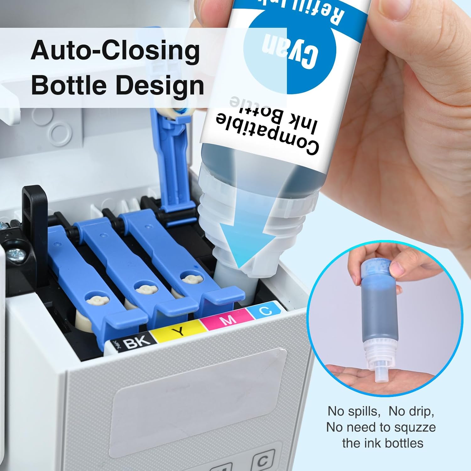 Replacement for Epson 502 Ink Refill Bottles High Capacity, Work with Epson EcoTank ET-2850 ET-3850 ET-4850 ET-15000 ET-3760 ET-2760 Printers, Replacement for Epson 502 Ink (5-Pack,2BK,CMY)