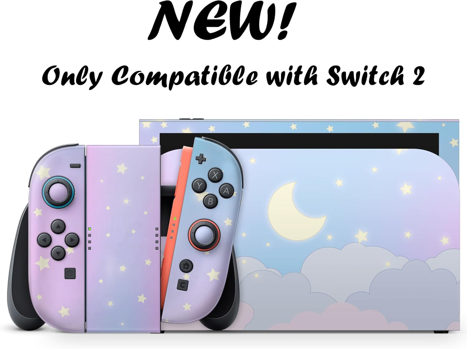 TACKY DESIGN Clouds Skin Compatible with Nintendo Switch 2 Skin Wrap Cover, Blue Pastel Starry Sky Decal for Switch 2 Wrap Vinyl 3M Moon Full Cover (Switch 2 (2025))