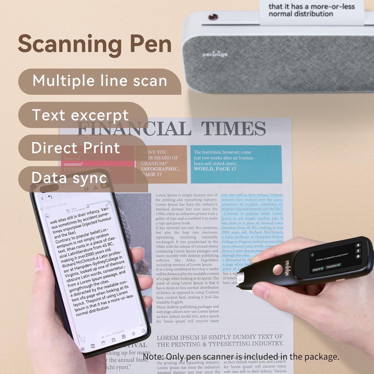 Image showing the Scanning Pen in use on a newspaper, with features like multiple line scan, text excerpt, direct print, and data sync highlighted.