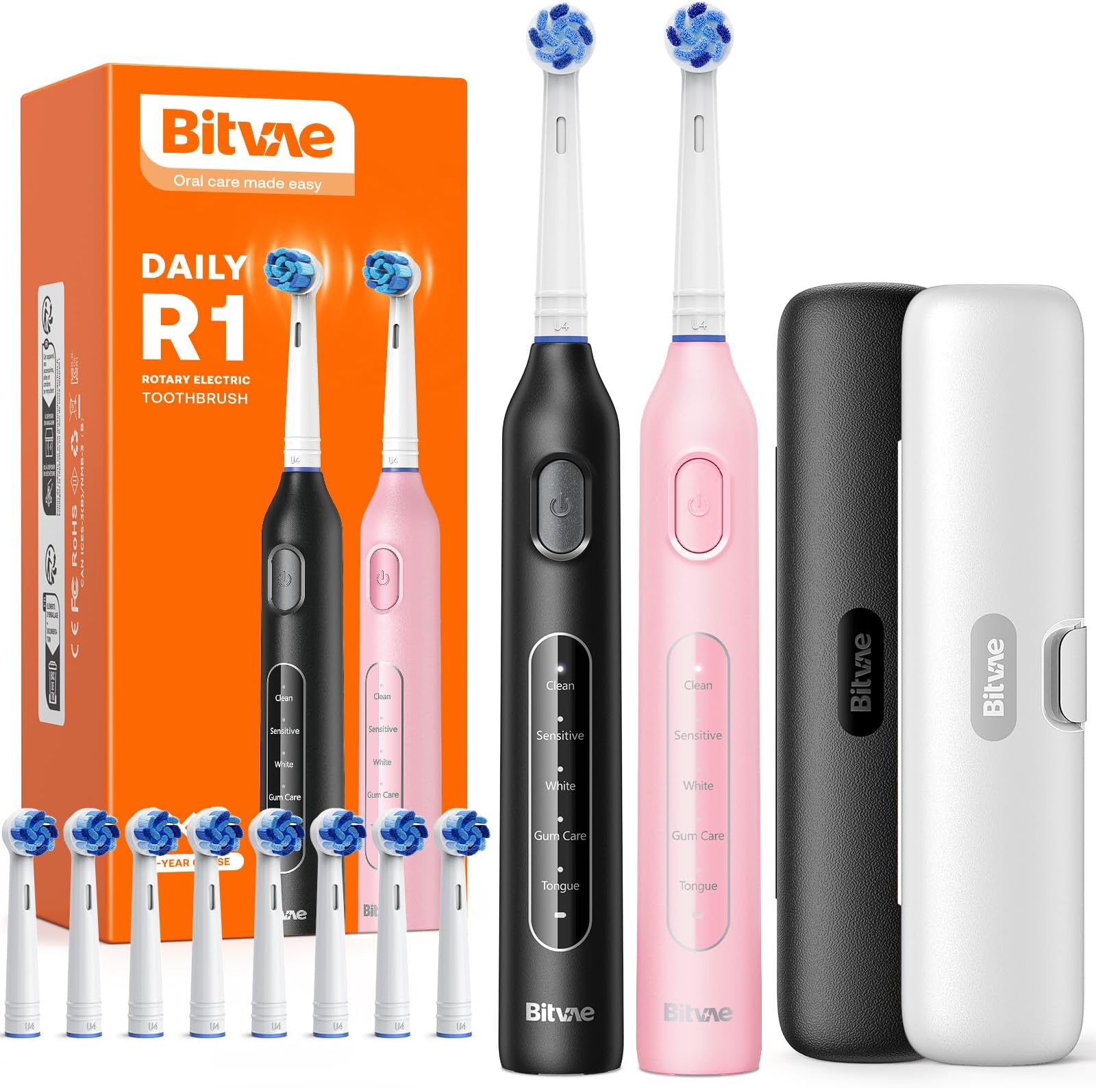 BitvaeRotating Electric Toothbrush 2 Packs for Adults and Kids, 8 Brush Heads 60-Day Battery Life, 5 Modes Power Toothbrush with 2-Minute Smart Timer, Black & Pink, R1
