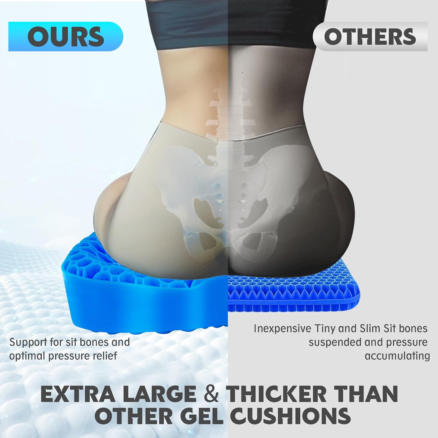 Cooling Gel Seat Cushion, Thickened Big Breathable Honeycomb Design Absorbs Pressure Points Gel Cushion with Anti-Slip Cover Cooling Seat Cushion for Office Chair Home Car Wheelchair Stadium Bleachers