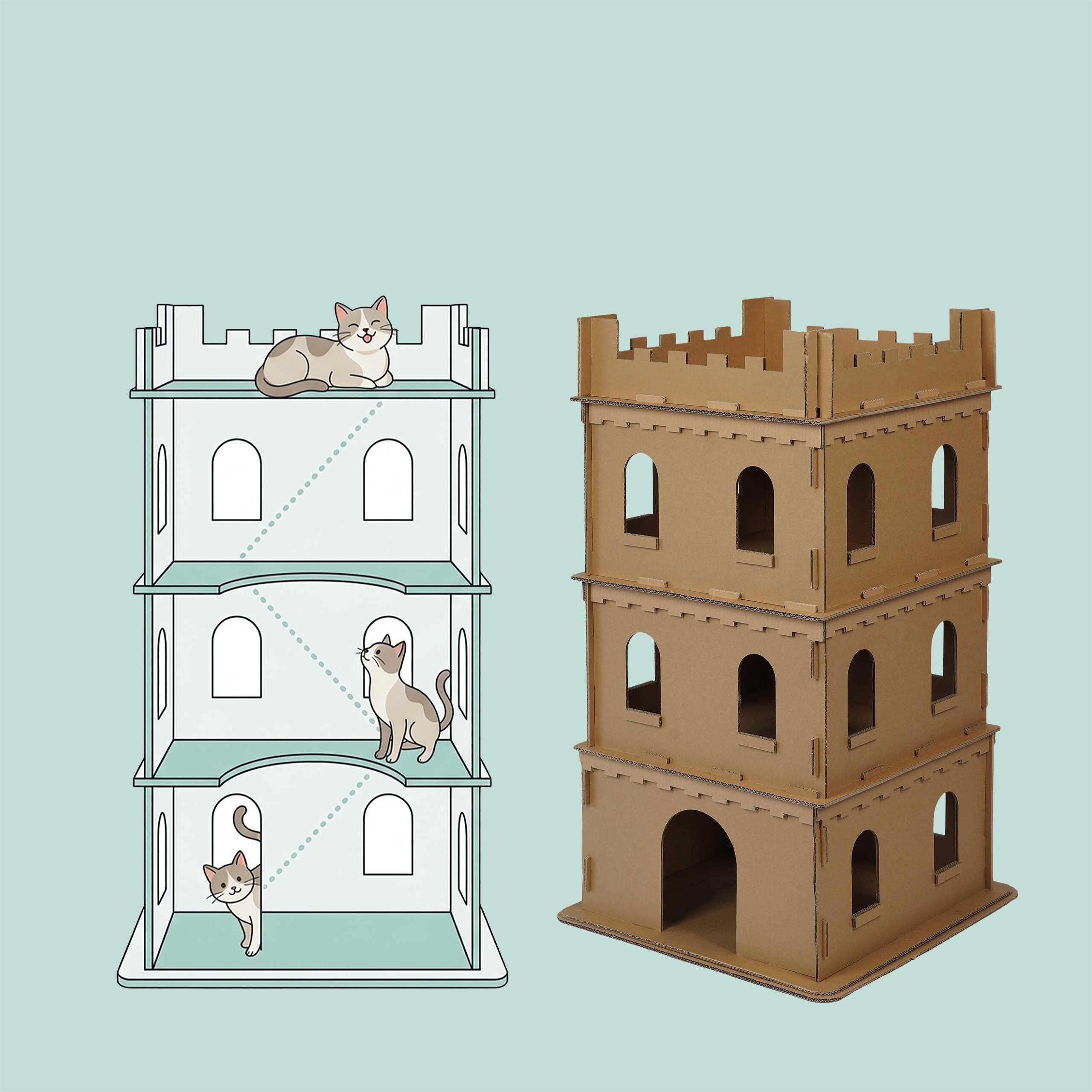 Relaxdays Castillo de Gatos, 3 Pisos, Cerradura para Gatos, casa de cartón para Pintar, Sistema de Ranuras, Altura 107,5 x 62 x 62 cm, cartón, marrón