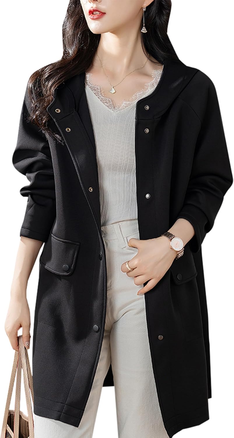 [A Q P K W A] トレンチコート レディース 黒 ゆったり ロングコート カジュアル ジャケット フード付き コート おし