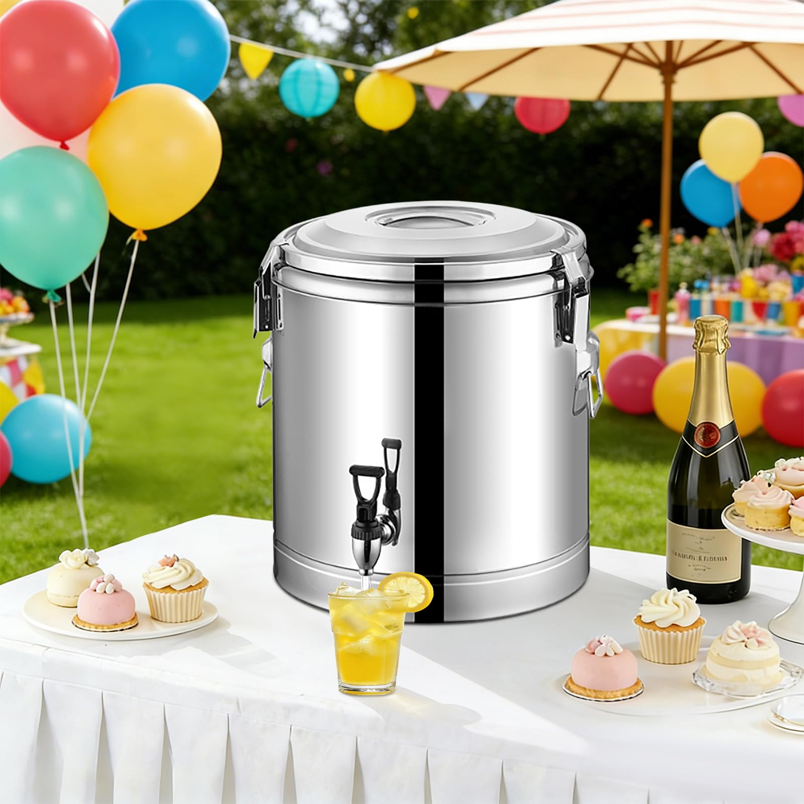 40L Edelstahl Thermobehälter, 35CM Große Öffnung 1.85CM Dicke Dämmschicht 200 °C Maximale Temperaturbeständigkeit mit Ablasshahn Deckel Gummiring für Kaffee Tee Oder Glühwein Hält Speisen Heiß Kalt
