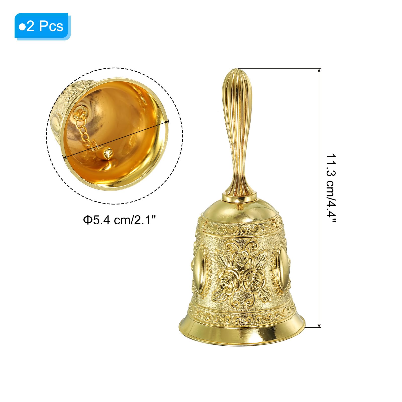 PATIKIL Hand Bell, 2pcs Dinner Bell Call Bell Vintage Carved Metal for Dinner Service Church Wedding Christmas Gold - Image 2