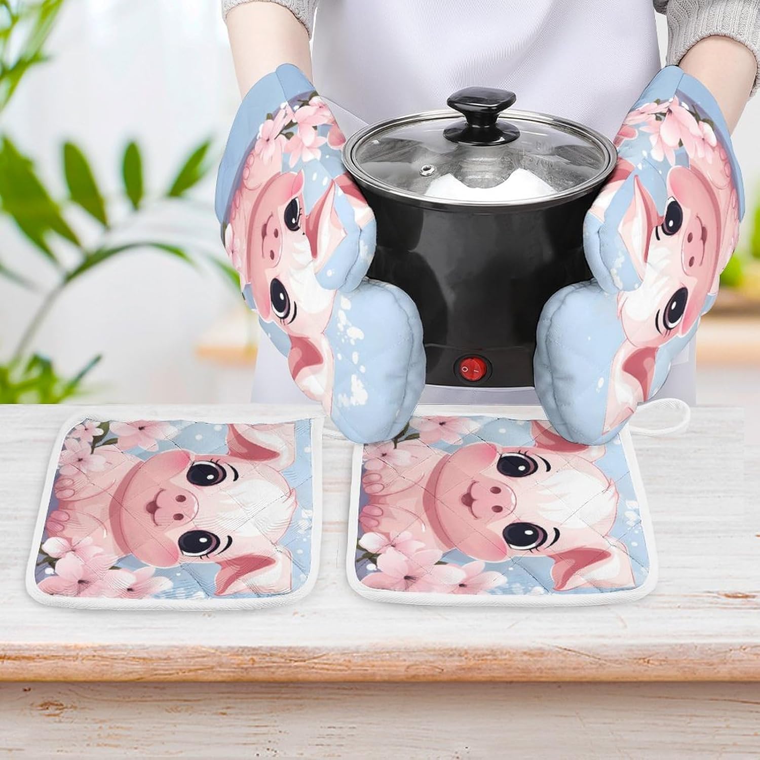 Cute Pigs Flower 4 Pcs Oven Mitts and Pot Holders Set High Heat Resistant Long Kitchen Oven Glove Potholders