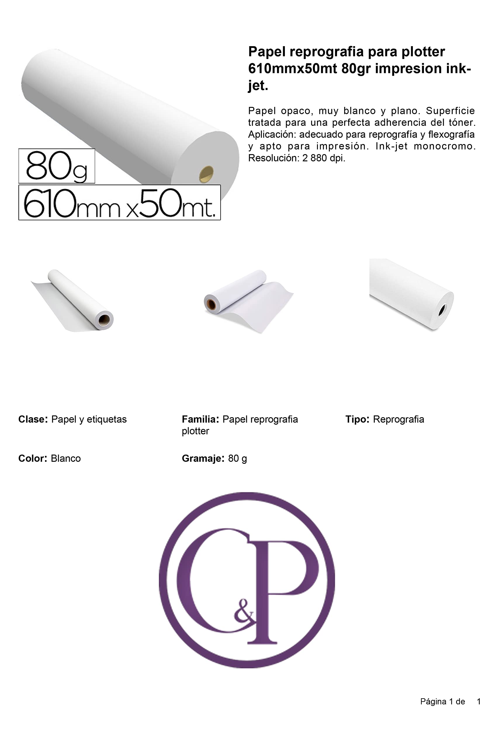 C&P Rollo de papel PREMIUM para plotter, 80 g, 610 mm x 50 m, 1 UNIDAD