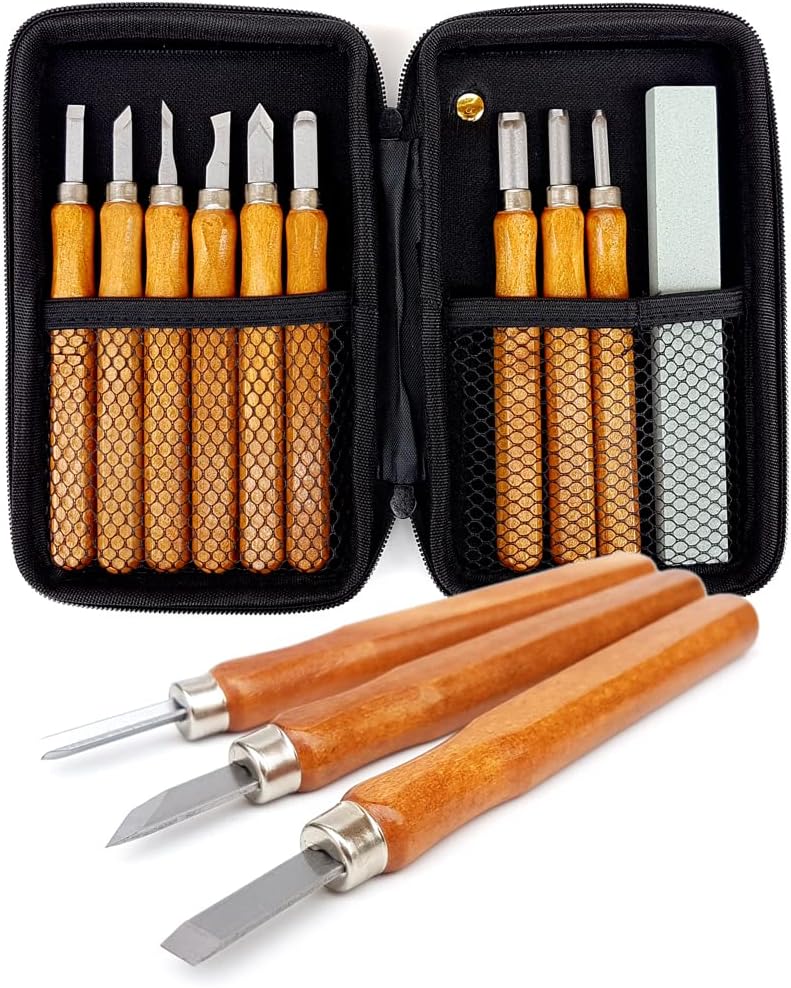 Abodewares 14 Piece Set Beginners Carving Kit with Protective Case Chisels Gouges Scraper V Parting Tool Whetstones | for Wood Clay Sculpting Whittling Pumpkin Balsa Wax Linoleum