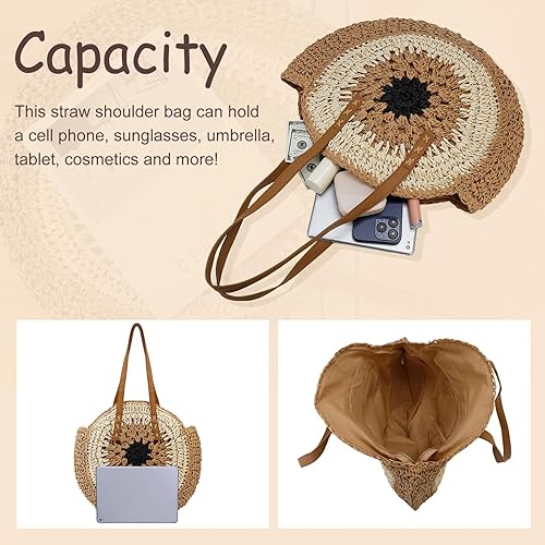 Miniatura 4 de YYW Bolsa de paja redonda tejida a mano natural para verano, playa, bolsa de hombro de ratán, bolso cruzado para mujer