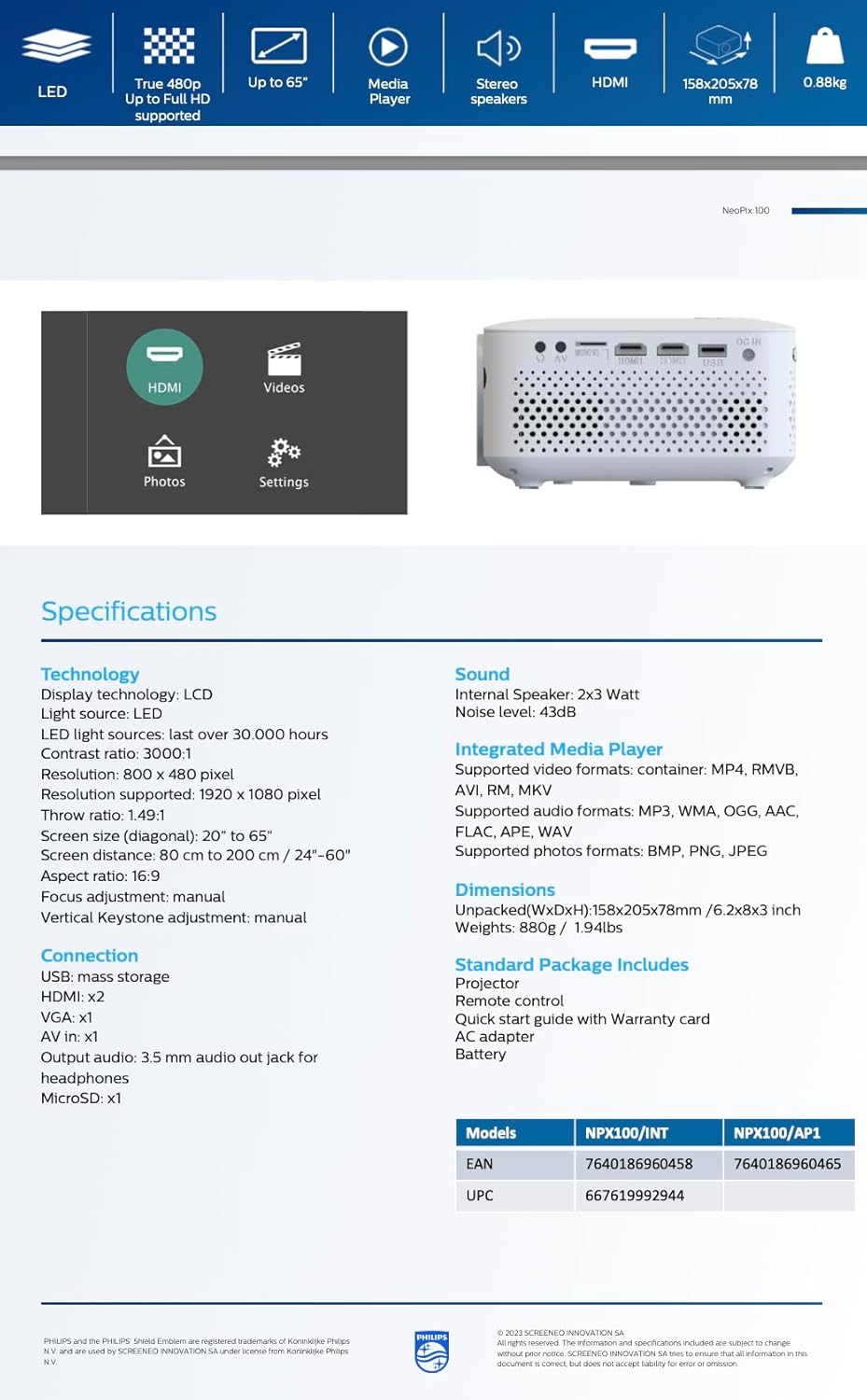 Detailed specifications table for Philips NeoPix 100 projector.