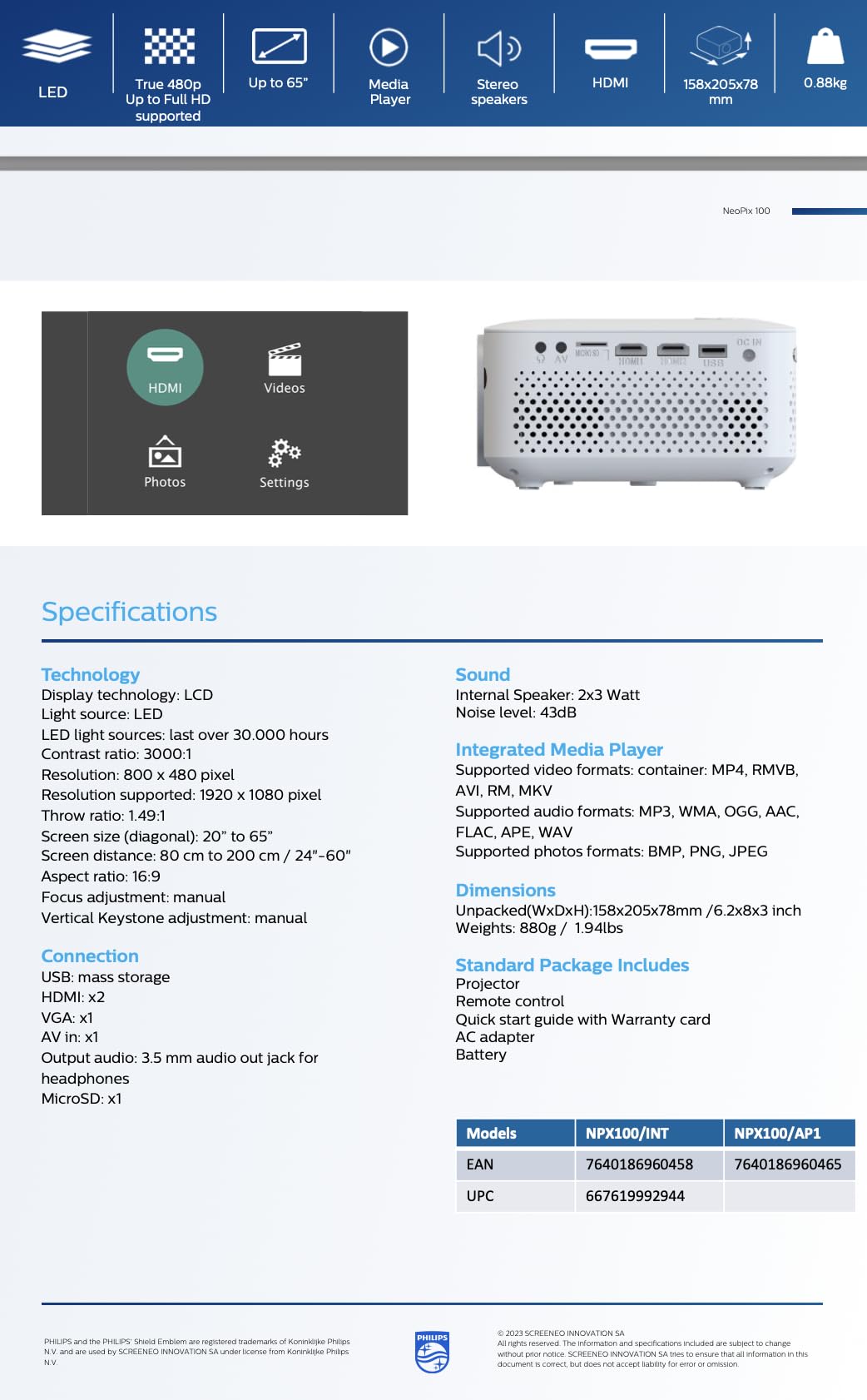 Philips NeoPix 100, Videoproiettore Fisso, Schermo da 65" (165 cm), LED, Altoparlanti Stereo Hi-Fi Incorporati, Connettività USB, HDMI e Cavo Jack da 3,5mm, Compatto, Bianco