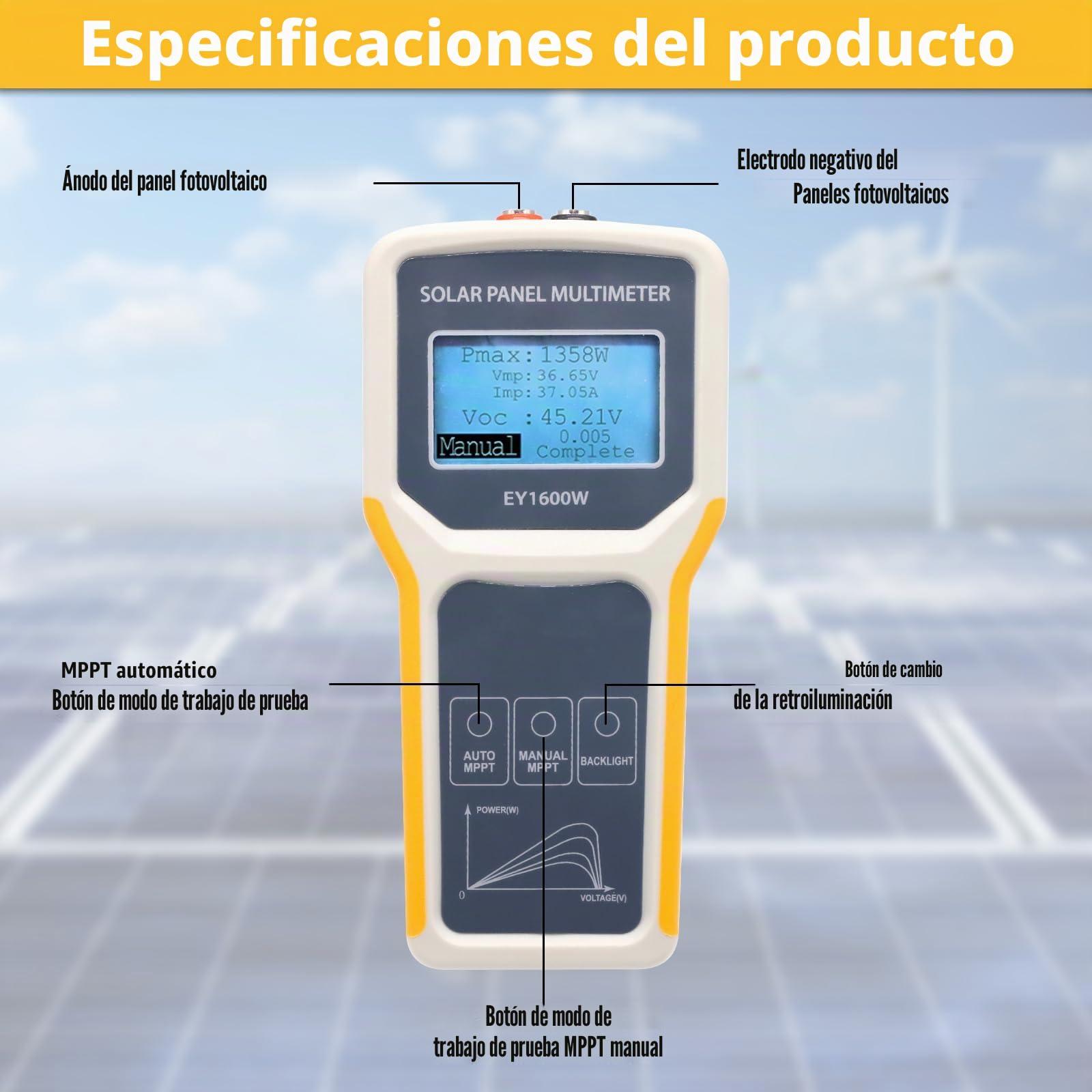 Probador solar EY1600W, instalación, medidor de voltaje vacío, detección MPPT, pantalla LCD