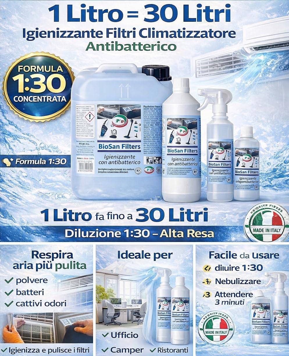PIP Detergente Concentrato Bio FoodSan Filtri, Concentrato Tanica 10 Litri Pari a 300 Litri Pronto Uso, Pulizia Filtro Climatizzatore Condizionatori Professionale HACCP