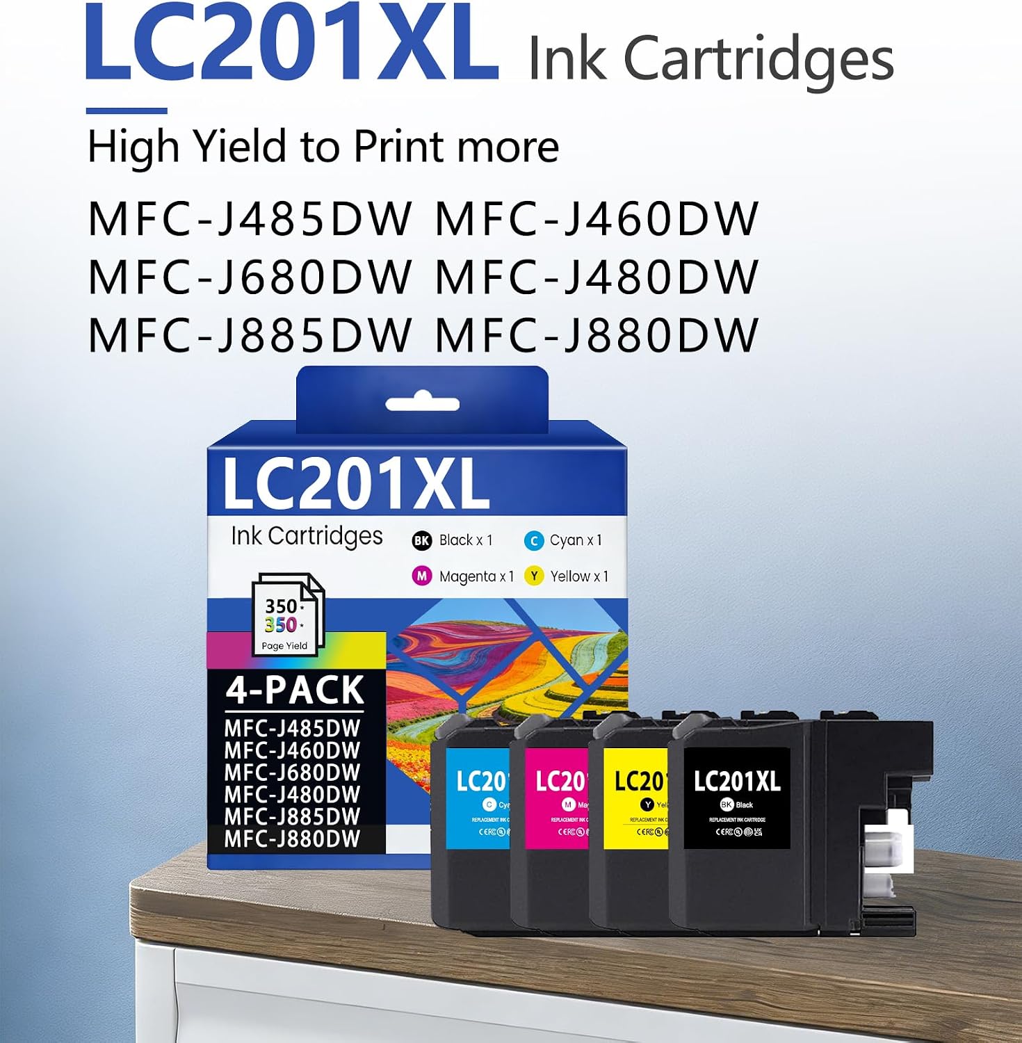 LC201 LC201XL Ink Cartridges High Yield 4-Pack Compatible for Brother LC201BK LC201C LC201M LC201Y Replacement for Brother MFC-J460DW MFC-J885DW MFC-J880DW Printer (BK/C/M/Y)