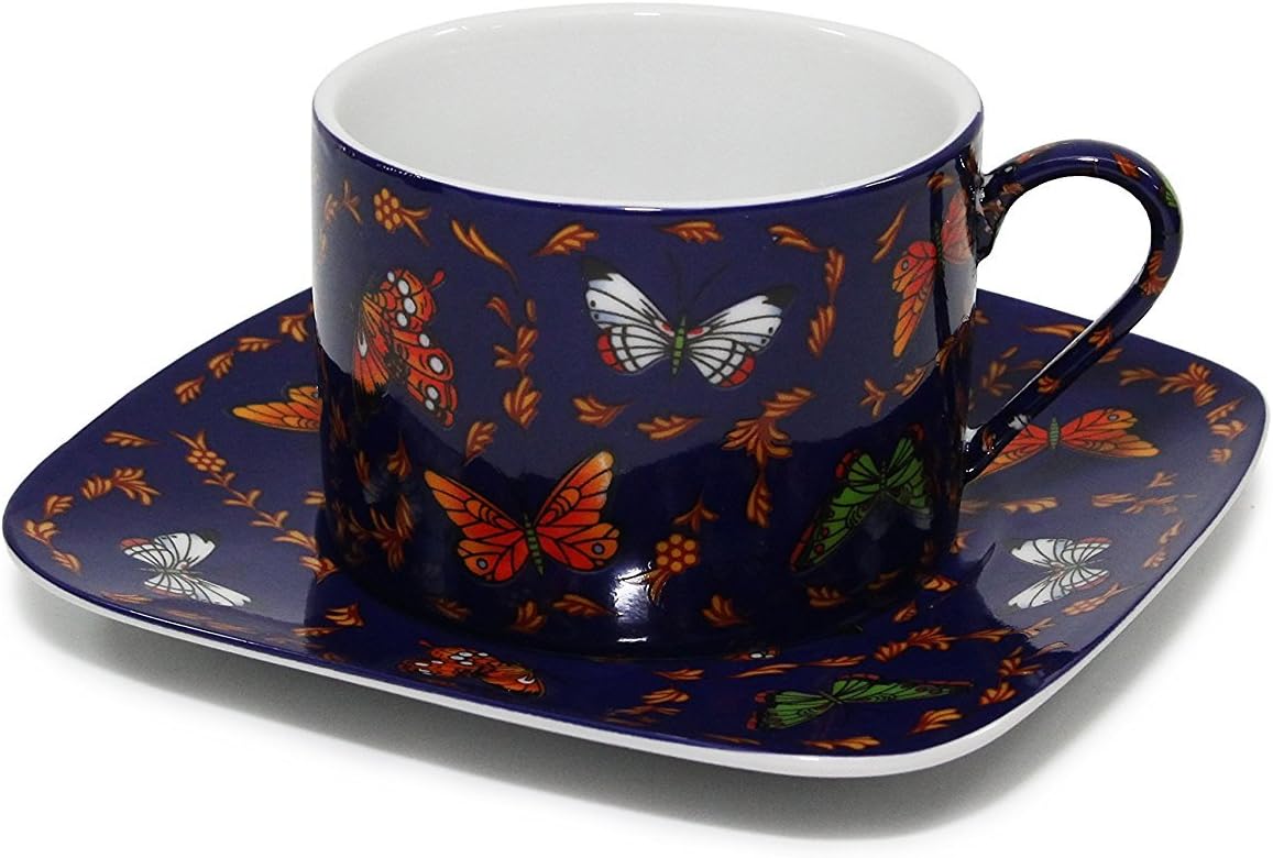 BohemianGifts Classic Coffee and Tea Butterfly Decor Cups and Saucers Set of 6