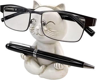 Top Brass Yoga Cat Eyeglasses & Pen Holder Whimsical Reading Glasses Sunglasses Stand Funny Desk Nightstand Glasses Keeper Rack Display Meditating Zen Lotus Pose Figurine