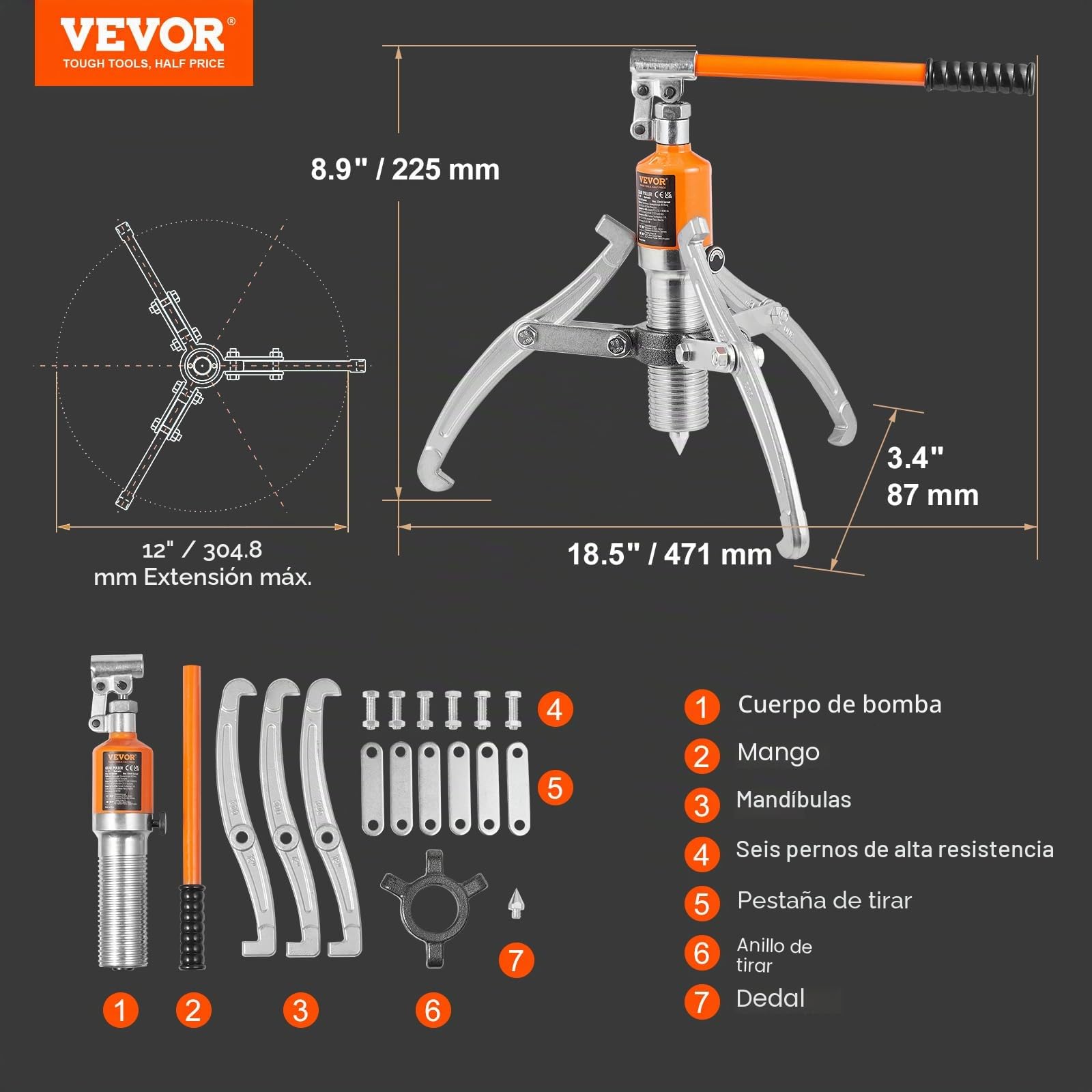 VEVOR Extractor De Engranajes Hidráulico 2 o 3 Patas de Acero Separador De Tracción De Rodamientos Capacidad de Tracción 15 T Extractor de Cojinetes Extensión de 304,8 mm para Desmontaje de Engranajes