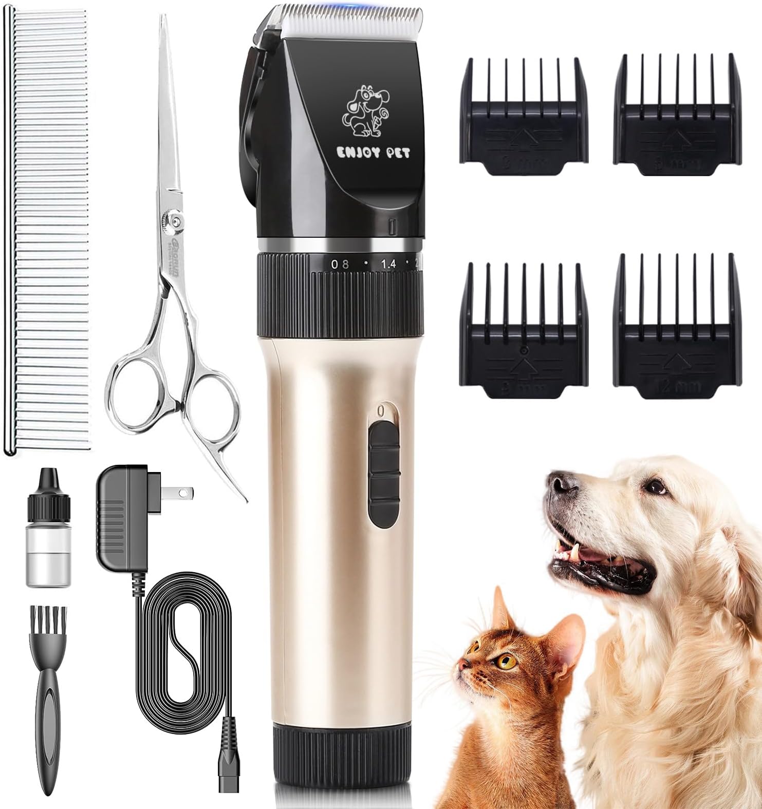 ENJOY PET Dog Clippers Cat Shaver, Professional Hair Grooming Clippers Detachable Blades Cordless Rechargeable with Scissor, Guards, Combs for Dog Cat Small Animal, Quiet Animal Clippers (Gold)